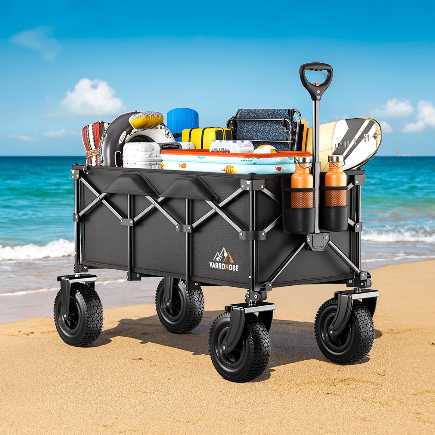 Beach Wagon with 10x3.5 Big Rubber Wheels for Sand, 400lbs Heavy Duty 220L Collapsible Utility Wagon, Easy Transport & Storage, Ideal for Sport, Camping, All-Terrain Outdoor Activities, Black