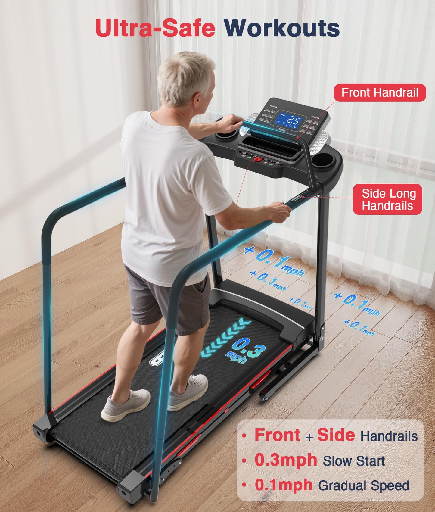 Redliro Walking Treadmill for Seniors Foldable - 400 Lb Capacity Senior Treadmill with Front & Long Handrails, 0%-2% Incline Home Recovery Fitness Exercise Machine for Elder, 47.6" Long Belt, APP
