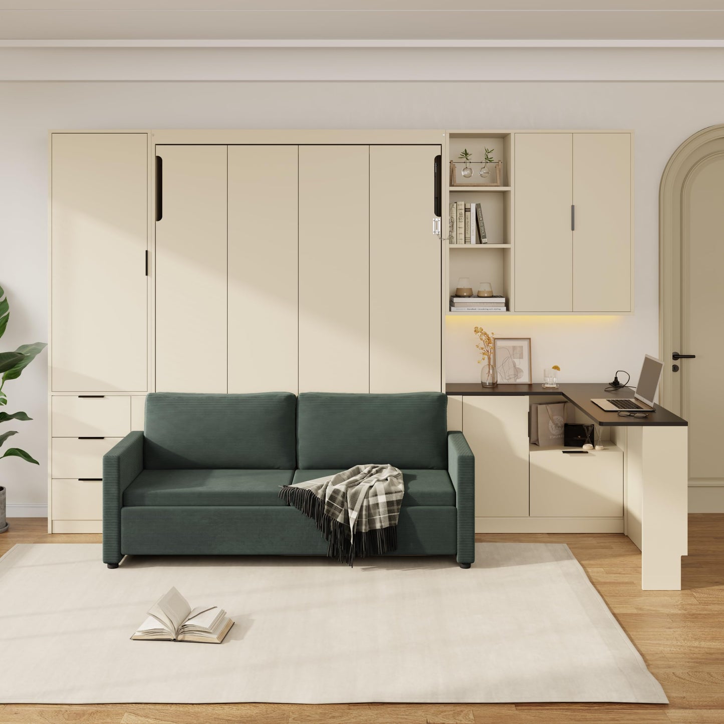 Murphy Bed Queen Bed Frame with Headboard,Hydraulic Storage,Sofa,Hydraulic Lift Wood Wall Murphy Beds w/Shelves & Drawers,LED/USB Lighting,Desk,2 Pillows,Hideaway Bedframe for Bedroom,Beige