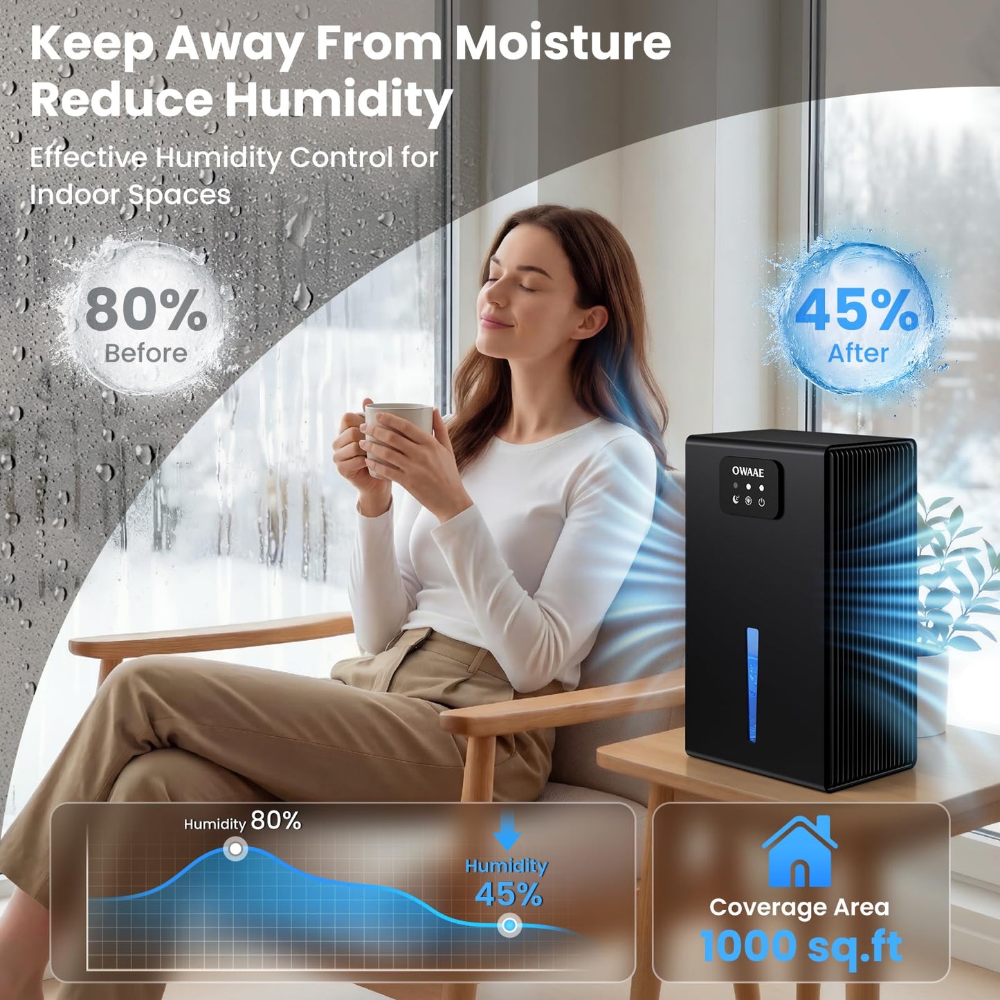OWAAE Dehumidifier, 1000 sq.ft Quiet Dehumidifiers for Home Bedroom Basement Bathroom with 95oz Water Tank, Sleep Mode, Auto Shut-Off 7 Colors LED Light, Black