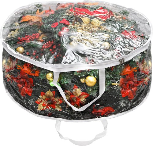 Hedume Wreath Storage Bag - 30" X 12" Clear Container with Dual Zippers & Reinforced Handle | Protect Holiday Wreaths from Dust & Moisture