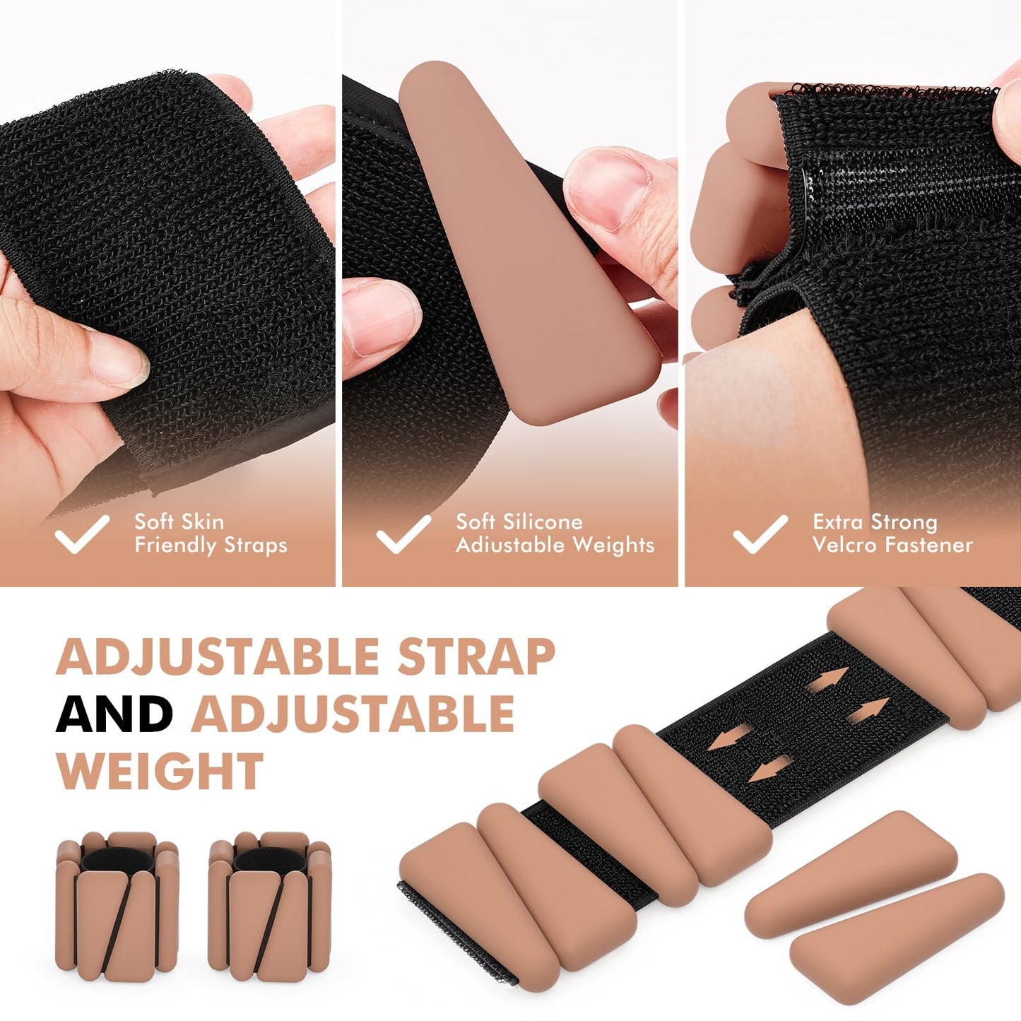 Wrist Weights, Ankle Weights for Women Men, Adjustable Wrist Weighted Bracelet for Home Gym Workout, Running, Yoga, Exercise, Strength Training, Set of 2 (1LB Each)-Light Brown