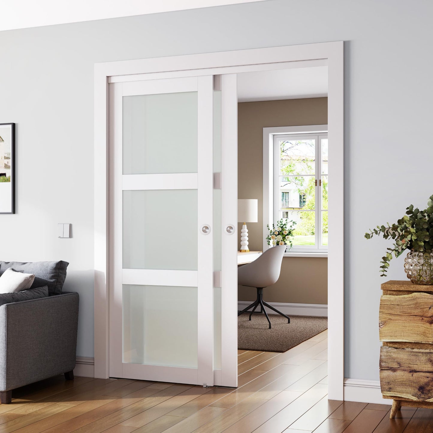 SMARTSTANDARD Sliding Closet Door, 64"×80"(Double Barn Doors 33"), Double Frosted 3 Panel Glass Sliding Door with Hardware Kit, Pre-Drilled Door Panel, Need to Assemble, MDF with PVC Surface, White