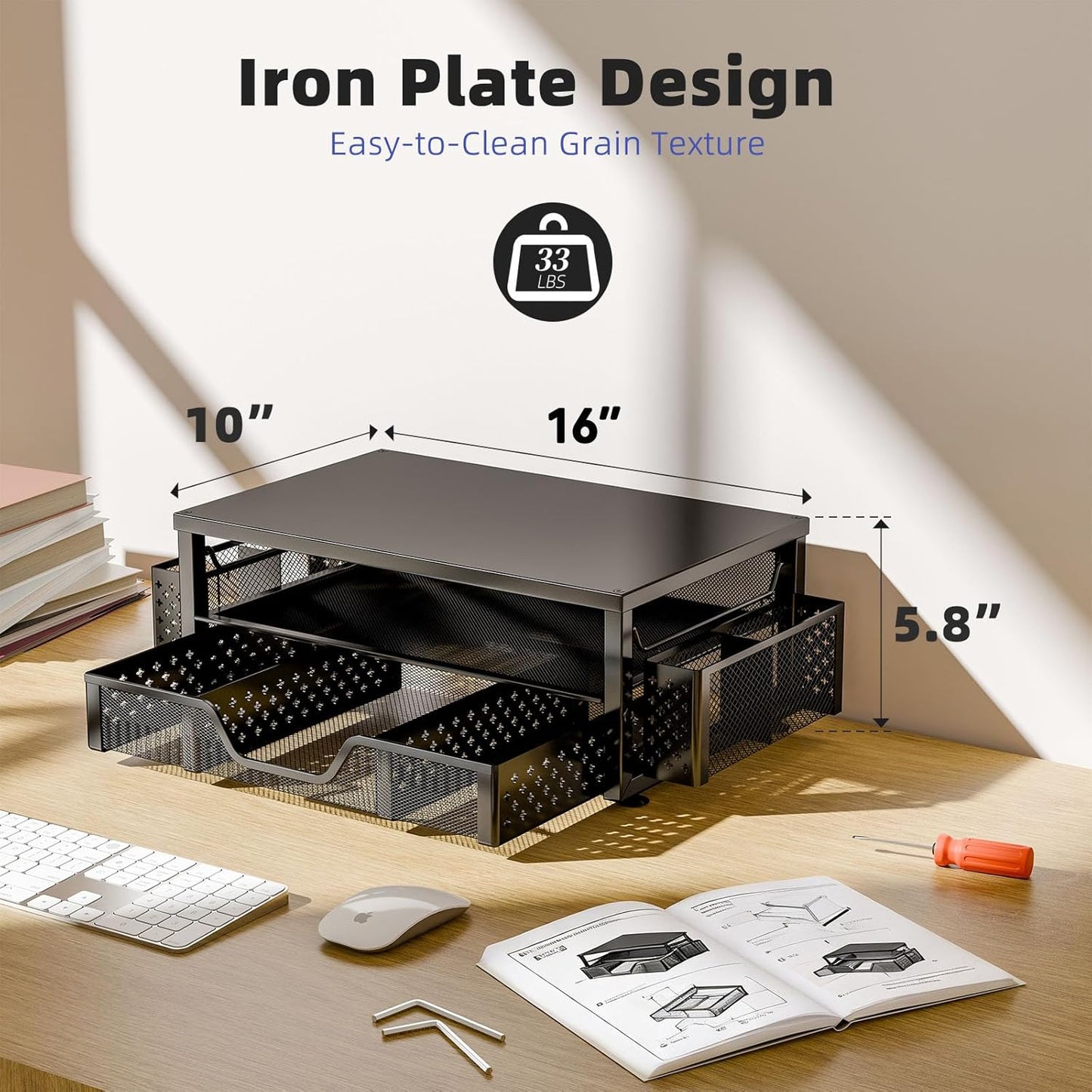 2-Tier 2 Simple Trending Desk Organizer and Accessories, Computer Monitor Stand Riser with Drawer and Pen Holders