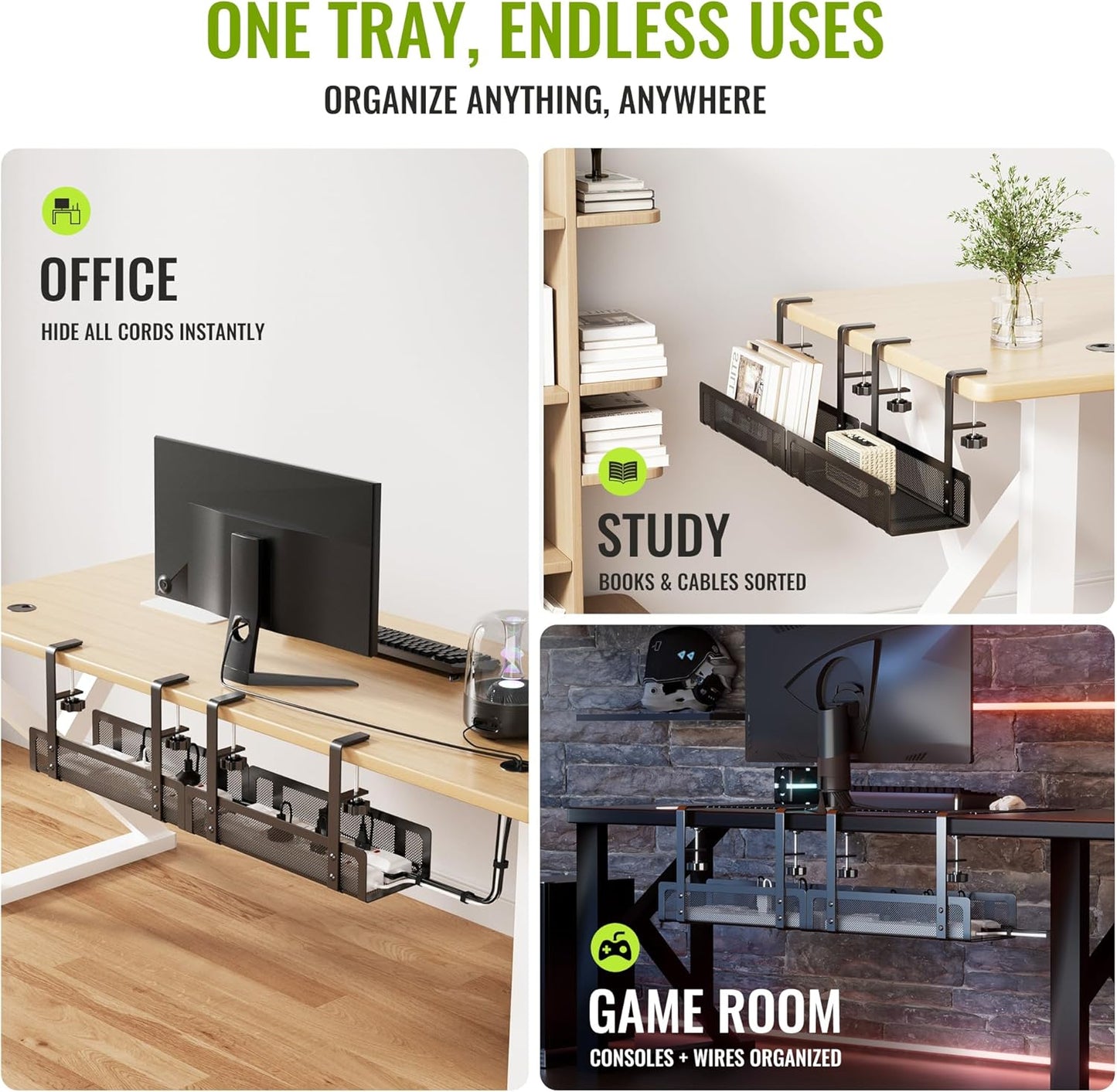 Xpatee 2 Pack 27.6" 3" [Upgraded] Cable Management Under Desk Tray, No Drill Open Slots Cable Management Tray, Cord