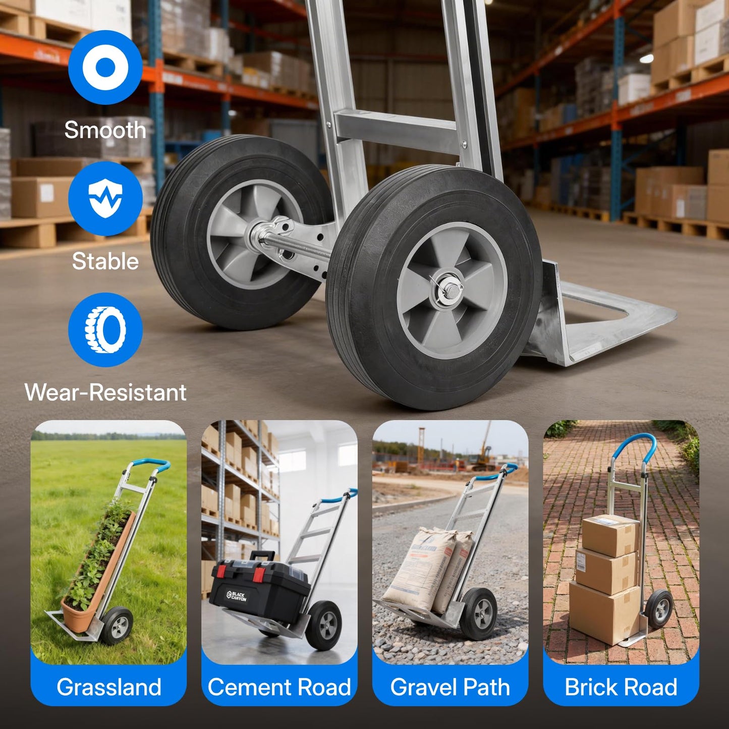 Heavy Duty Aluminum Hand Truck – 550 lbs Capacity, Ergonomic Curved Handle, 10" Solid Rubber Wheels, Beveled Nose Plate for Easy Loading & Transport