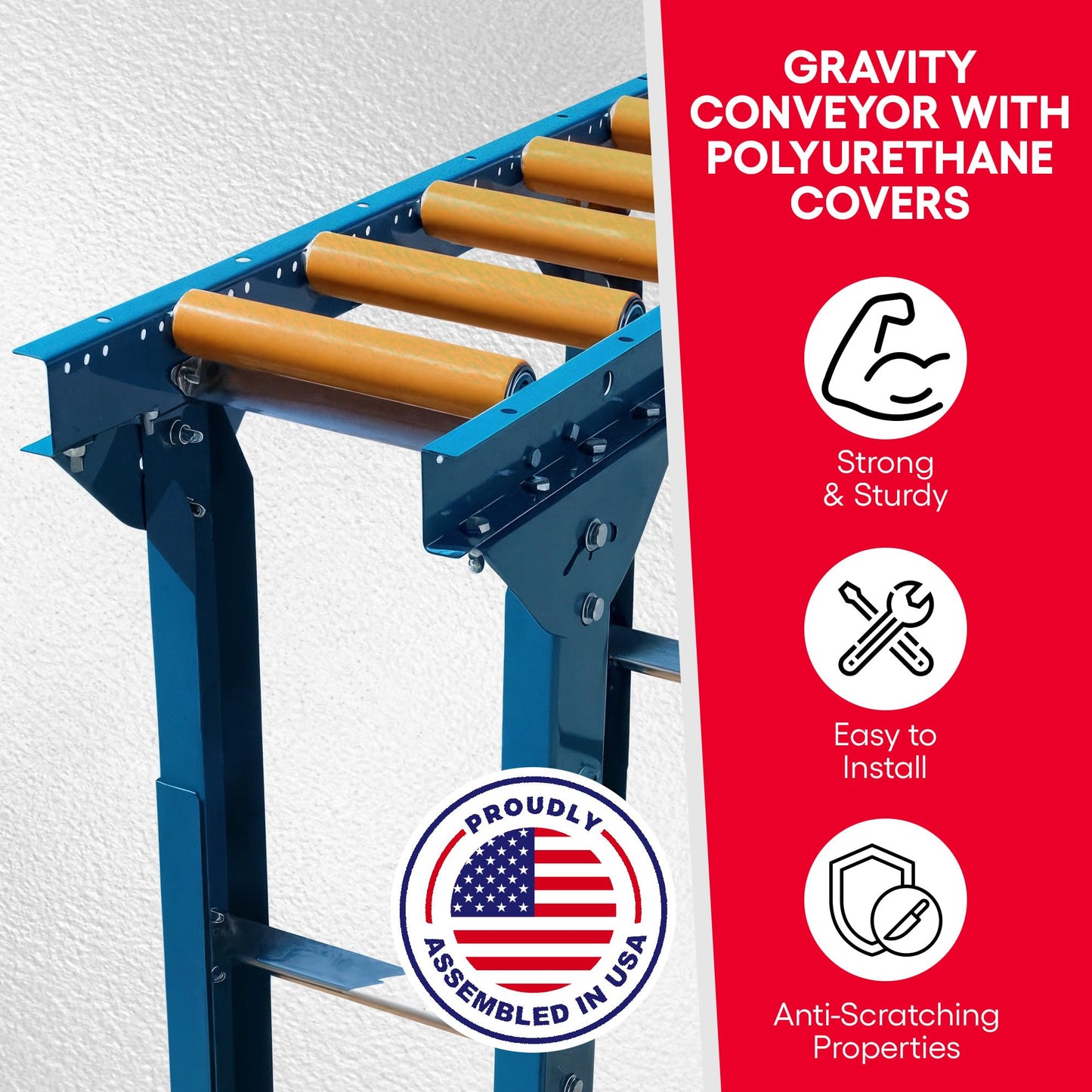 Ultimation Gravity Conveyor with Poly-Coated Rollers, 12" W x 5'L with Legs Included, 6" Centers – Heavy-Duty Roller Track System for Table Saw Accessories, Warehouse & Industrial Material Handling