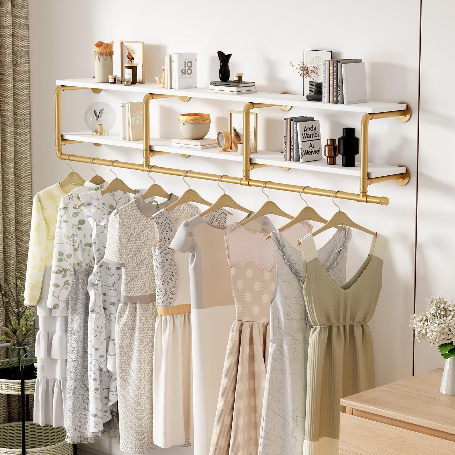 ORSENIGO Industrial Pipe Clothing Rack with Shelves, Gold Wall Mounted Clothes Rack for Home Retail