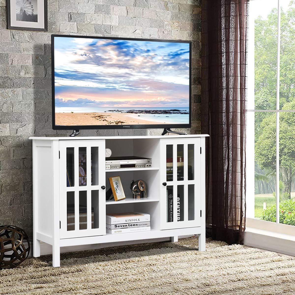 Tangkula White TV Stand, Modern Tall Entertainment Center for TVs up to 50", Media Console w/2 Storage Cabinets & 3 Open Shelves, Wire Hole, Wood TV Console Table for Living Room, White