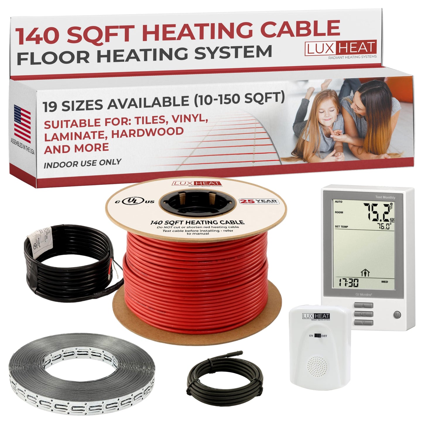 LuxHeat 140sqft Floor Heating Cable Kit - 120v Vinyl Flooring Heating System - Heated Flooring System Includes UDG Programmable Thermostat w/GFCI, In Floor Heat Cable, Strapping, Sensor & Alarm