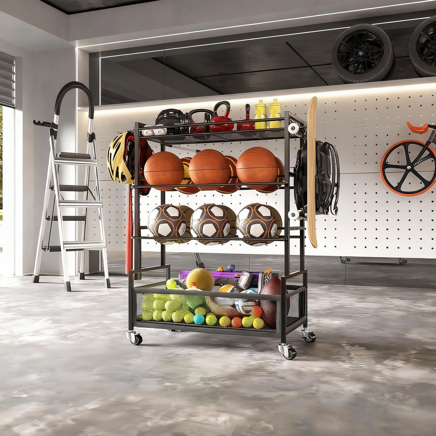 SOYEEZE Sports Equipment Organizer- Ball Storage for Garage,4 Tiers Outdoor Toy Storage,Soccer Racks,Basketball Shooting Training Stand Cart with Wheels and Hooks for Home-School and Gym Use