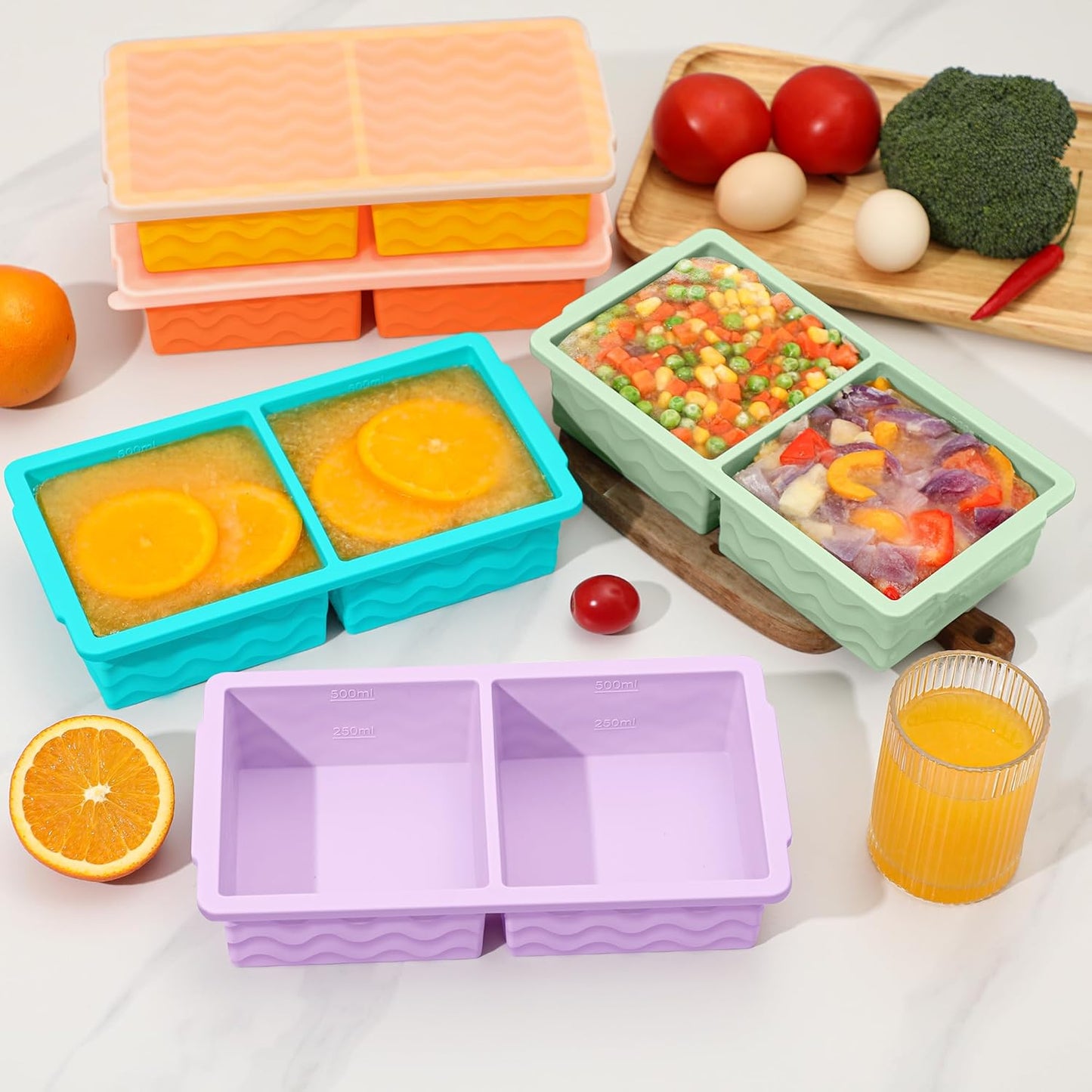 Skiennix Silicone Freezer Trays - 2-Pack with Lid for Meal Prep | 2 Large 2-Cup & 6 Small 1/2-Cup