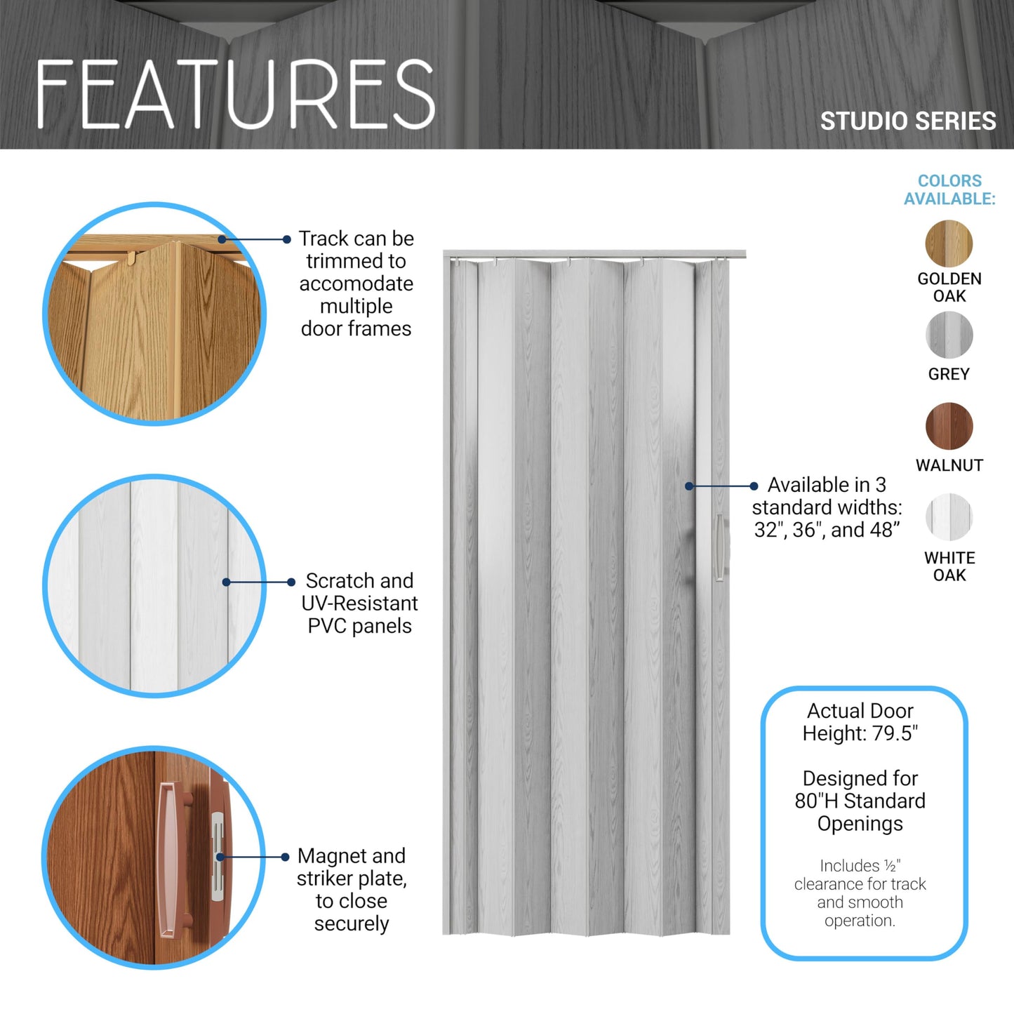 Techni Home Studio Series 32" W x 80" H PVC Foldable Accordion Door, Trimmable, Flexible Single Layer Panels, White Oak