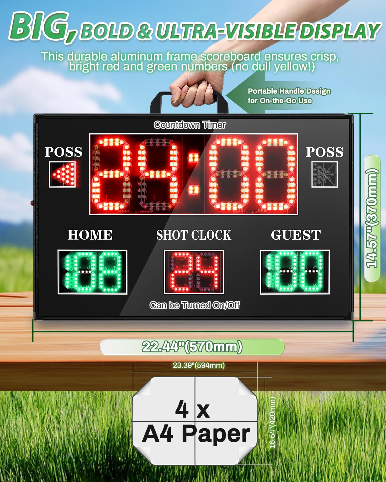 Spolehli Large Electronic Scoreboard with Wireless LCD RF Controller - 22.4x14.6 Big LED Display, 100Ft Visibility, Dual Power Options, Flexible Timing Control for Indoor/Outdoor Sports Games