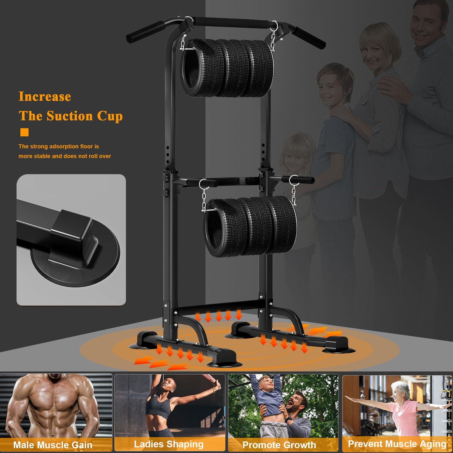 DlandHome Power Tower Pull Up Dip Station Multi-Function Fitness Equipment for Strength Training Adjustable Height Dip Stand for Home Gym, Black