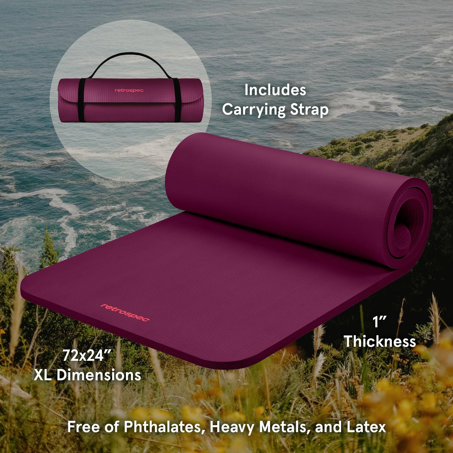 Retrospec Solana Yoga Mat 1" Thick w/Nylon Strap for Men & Women - Non Slip Exercise Mat for Home Yoga, Pilates, Stretching, Floor & Fitness Workouts - Boysenberry
