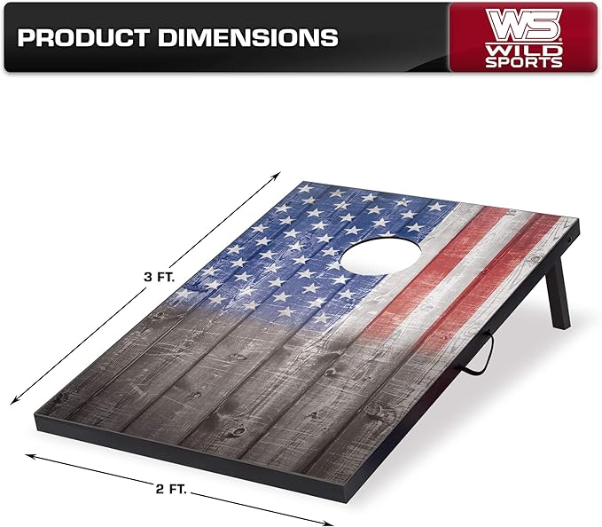 Wild Sports 2’x3’ or 2’x4’ Cornhole Outdoor Game Set, USA Flag or Natural Wood Options with Carry Bag Included – Perfect for Backyard, Beach, and Tailgates, Add On Extra Bags