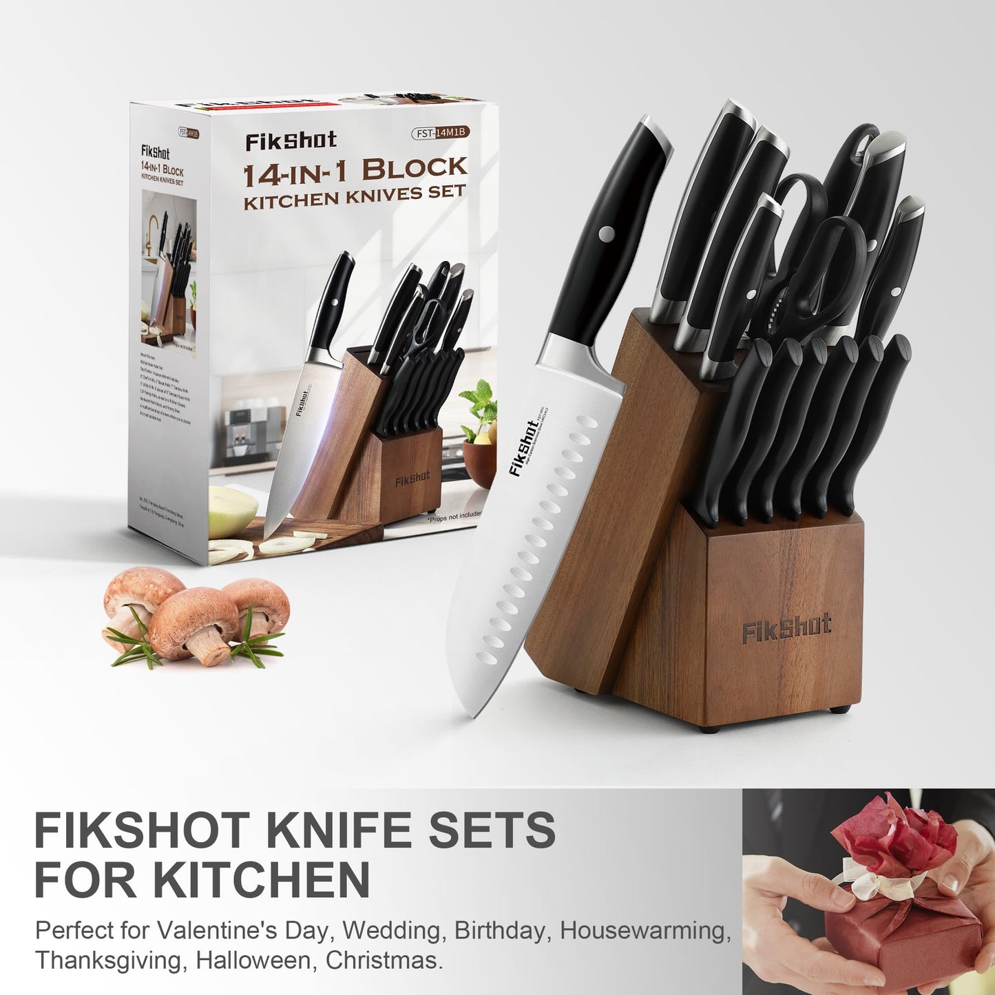 Fikshot Knife Set – German Stainless Steel, Ultra-Sharp, 14-Piece with Knife Block & Sharpener, Full Tang Black Handle, Rust-Resistant, Dishwasher-Safe for Kitchens, Gift for Chefs