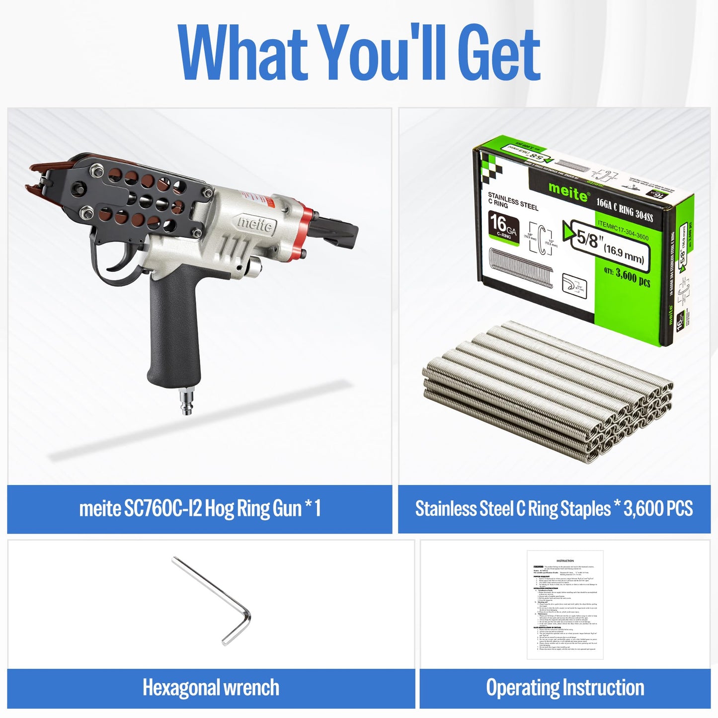 meite SC760C-I2 16GA 1/2-Inch Pneumatic Hog Ring Gun with 3,600 PCS Stainless C Ring Staples for Wire Fencing or Securing Fastening