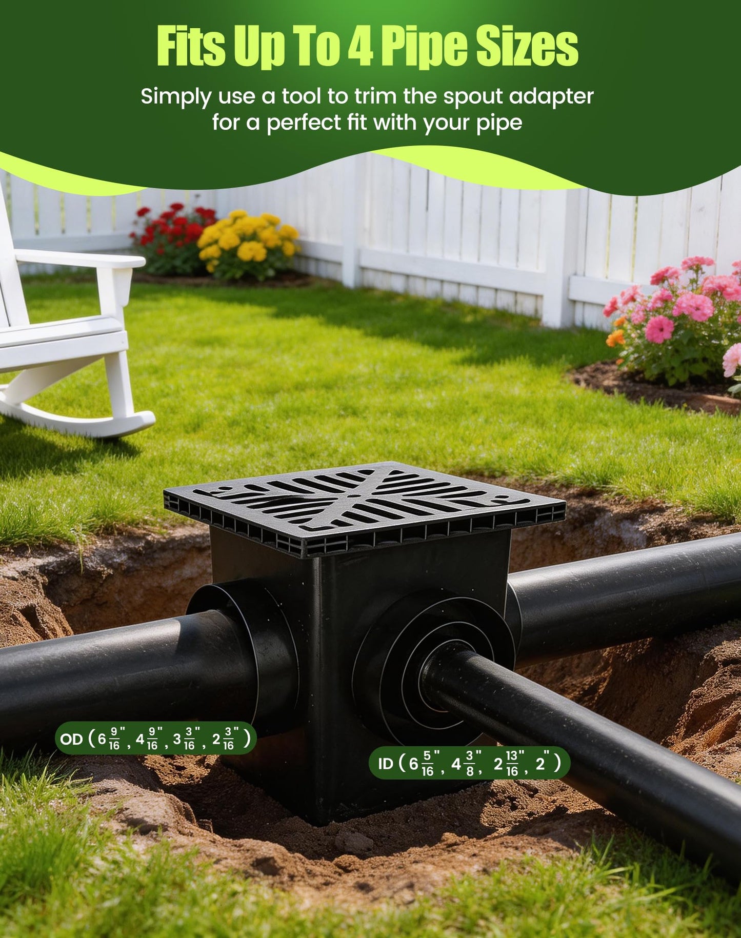 Dooeant Upgrade 12-Inch Catch Basin Drainage Kit with Debris Basket Strainer, 4 Size (2", 3", 4-3/8", 6-3/8") Pipes for Garden, Yard, Lawns, Outdoor (2 Pack)