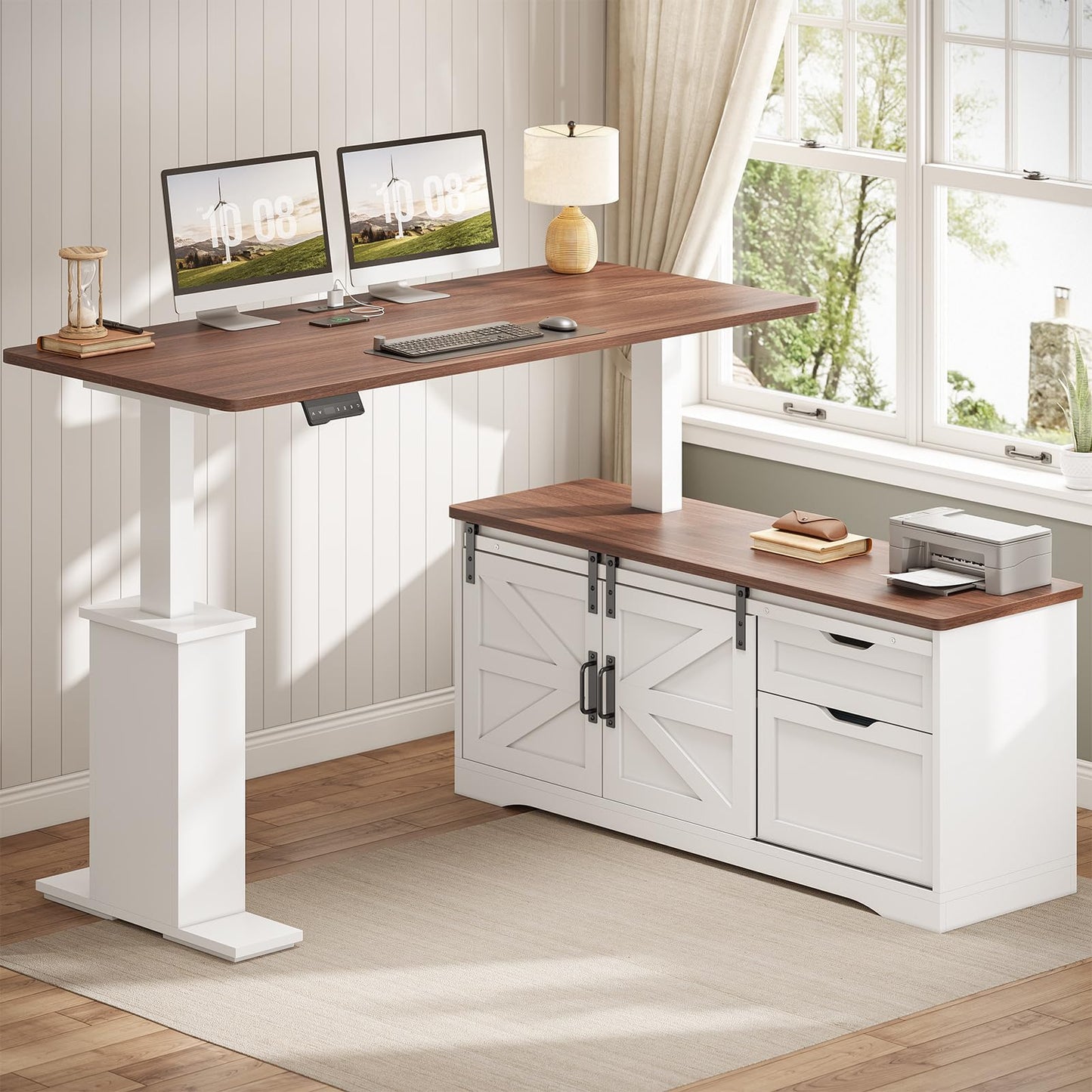 SEDETA Farmhouse L Shaped Standing Desk, 55 inch Height Adjustable Corner Desk with Storage Drawers, Standing Computer Desks with Power Outlets for Home Office, White
