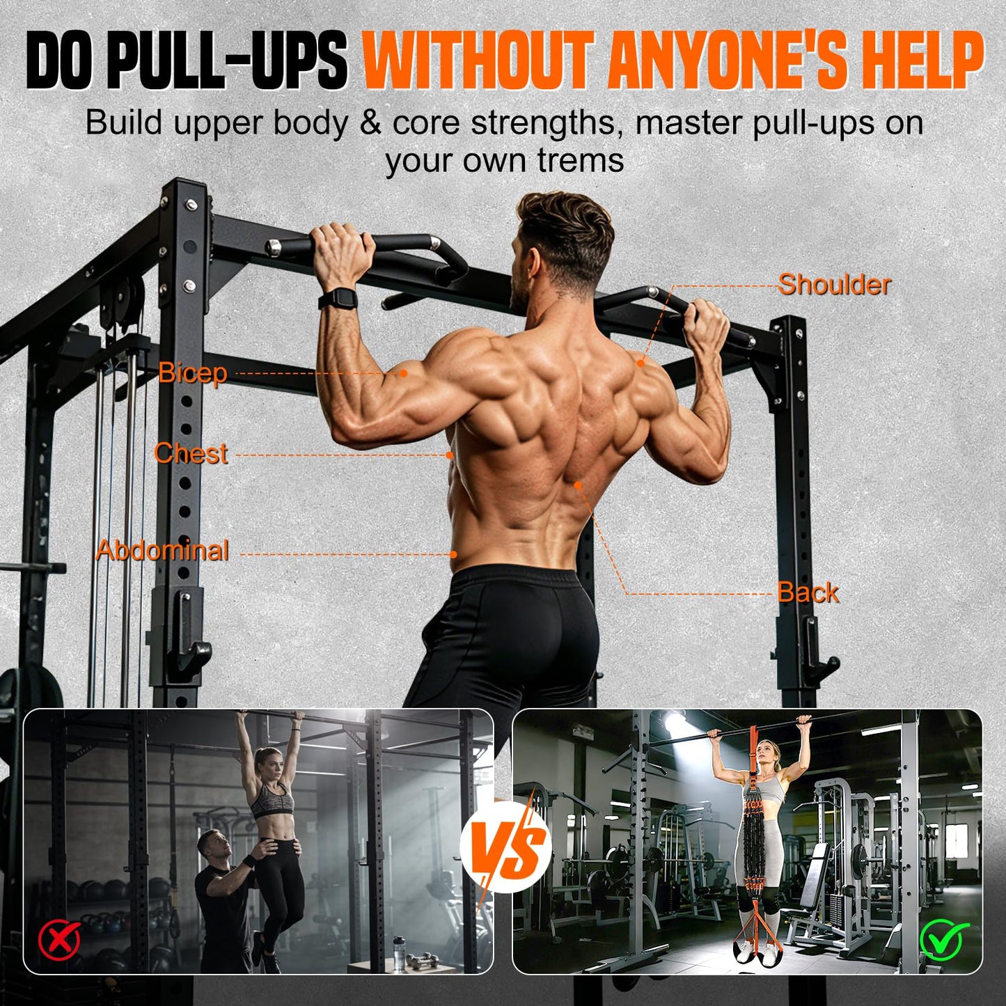 SERTT Adjustable Pull Up Assistance Band, Upgrade Pullup Assist Band for Pull Up Bar with 5 Heavy Duty Resistance Bands Support 375lbs (Orange)
