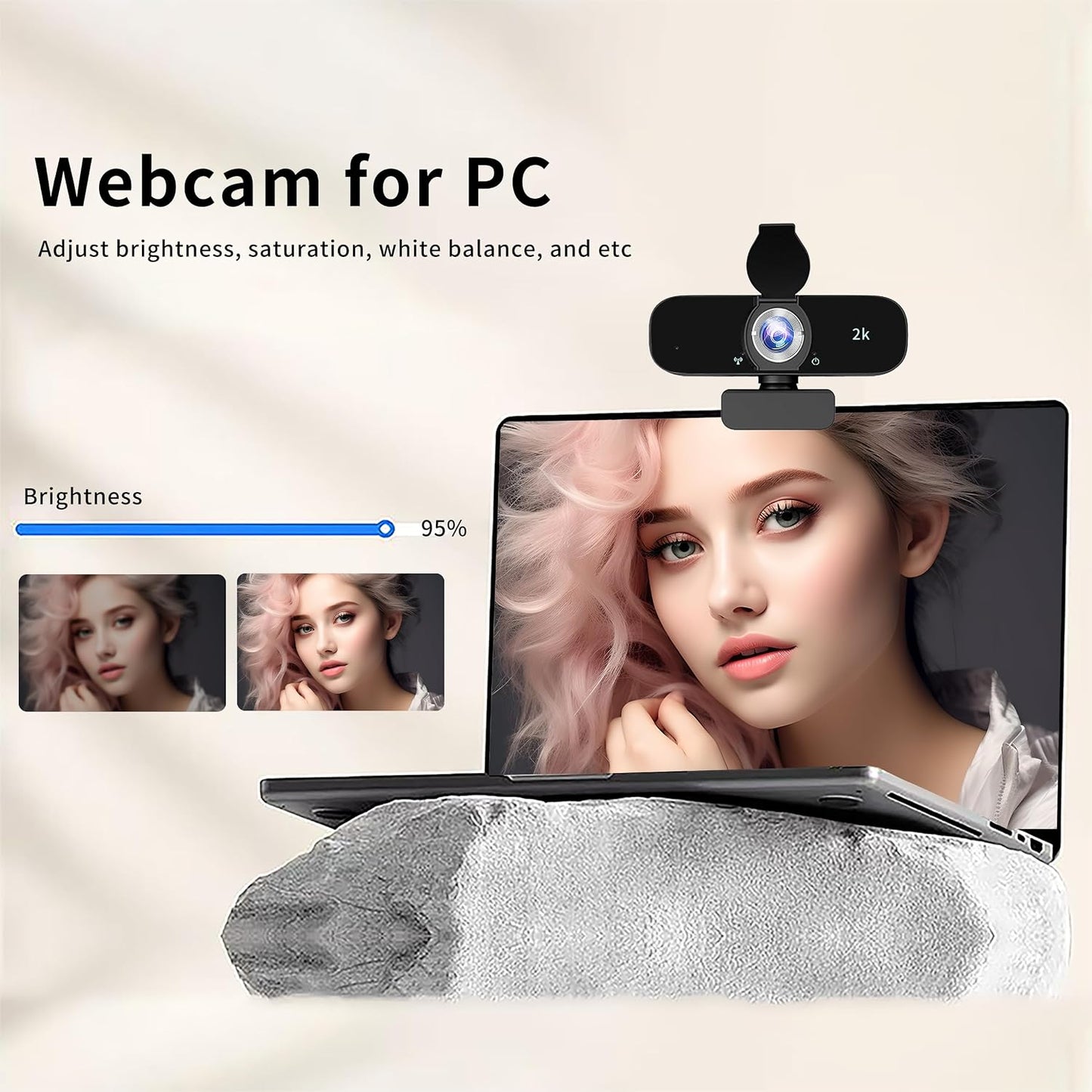 Lusinx 2K Webcam for Computer, USB Plug&Play, Auto Low Light Correction, Privacy Cover, Tripod, Wide Angle