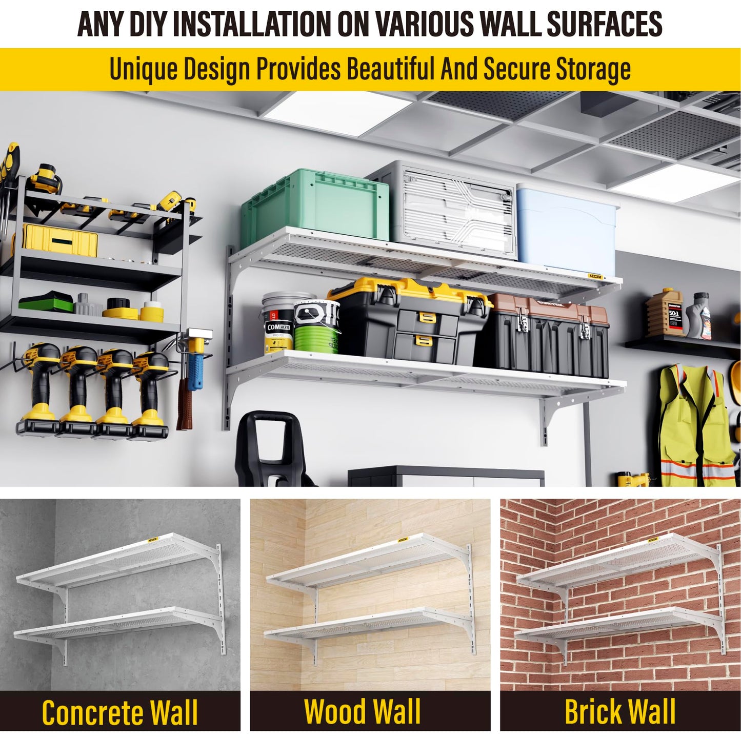 Aecxm 1pack×2 Tier 1.3x4ft Garage Shelving Wall Mounted, 260lbs Load Capacity，15.6x48inch per Shelf Height Cassette Adjustable Floating Shelves(White)