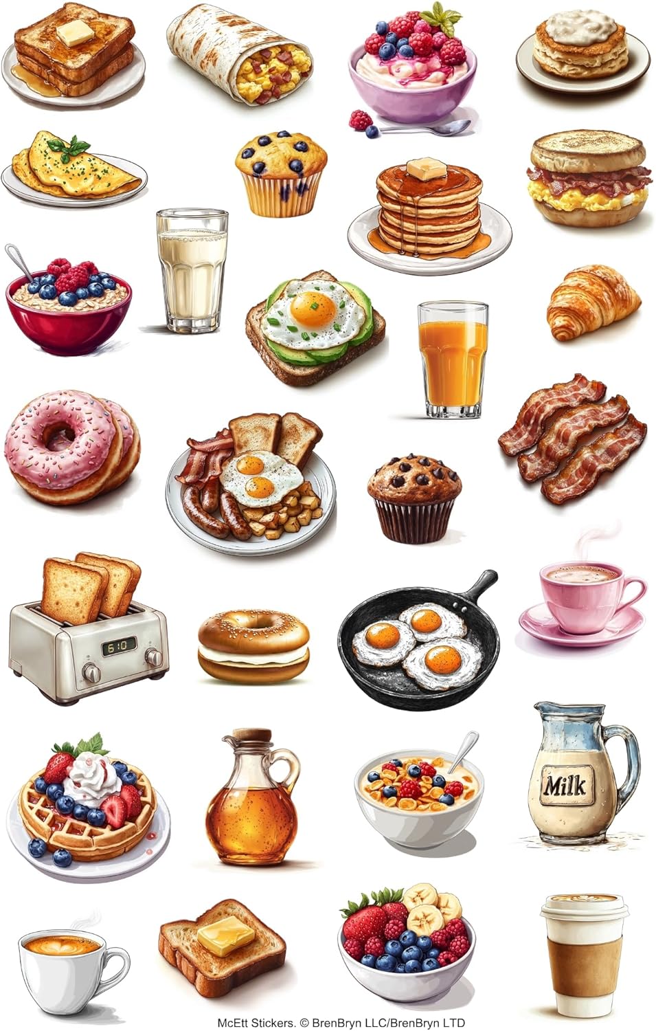 McEtt 5 Pack (145 Breakfast Food Sticker Sheets Aesthetic Illustrated Breakfast & Brunch Food Stickers Sheet Pieces)