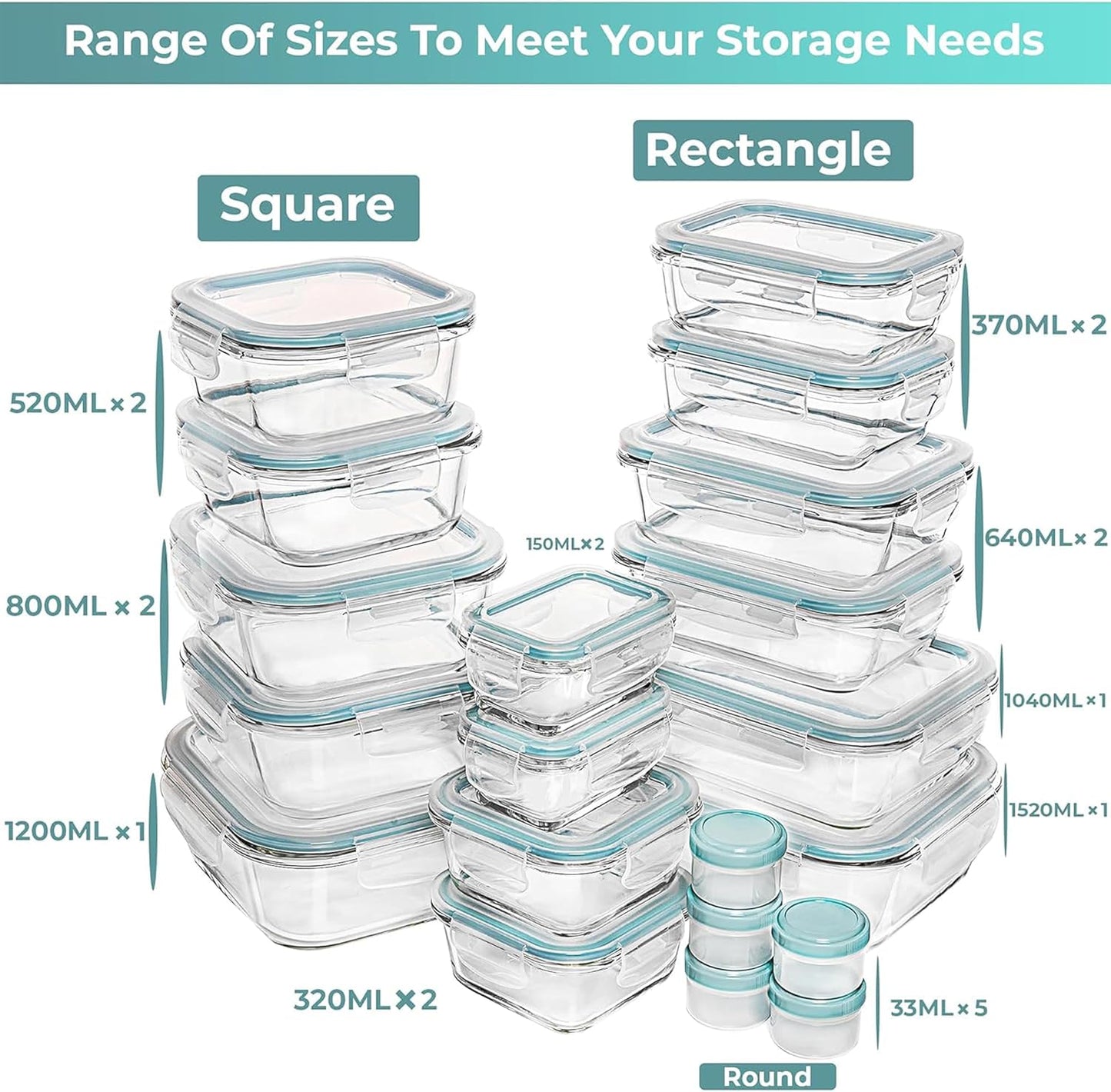 Razab Glass Food Storage Containers Set - 35 Pc Airtight Meal Prep Bento Boxes, BPA-Free & Leak Proof