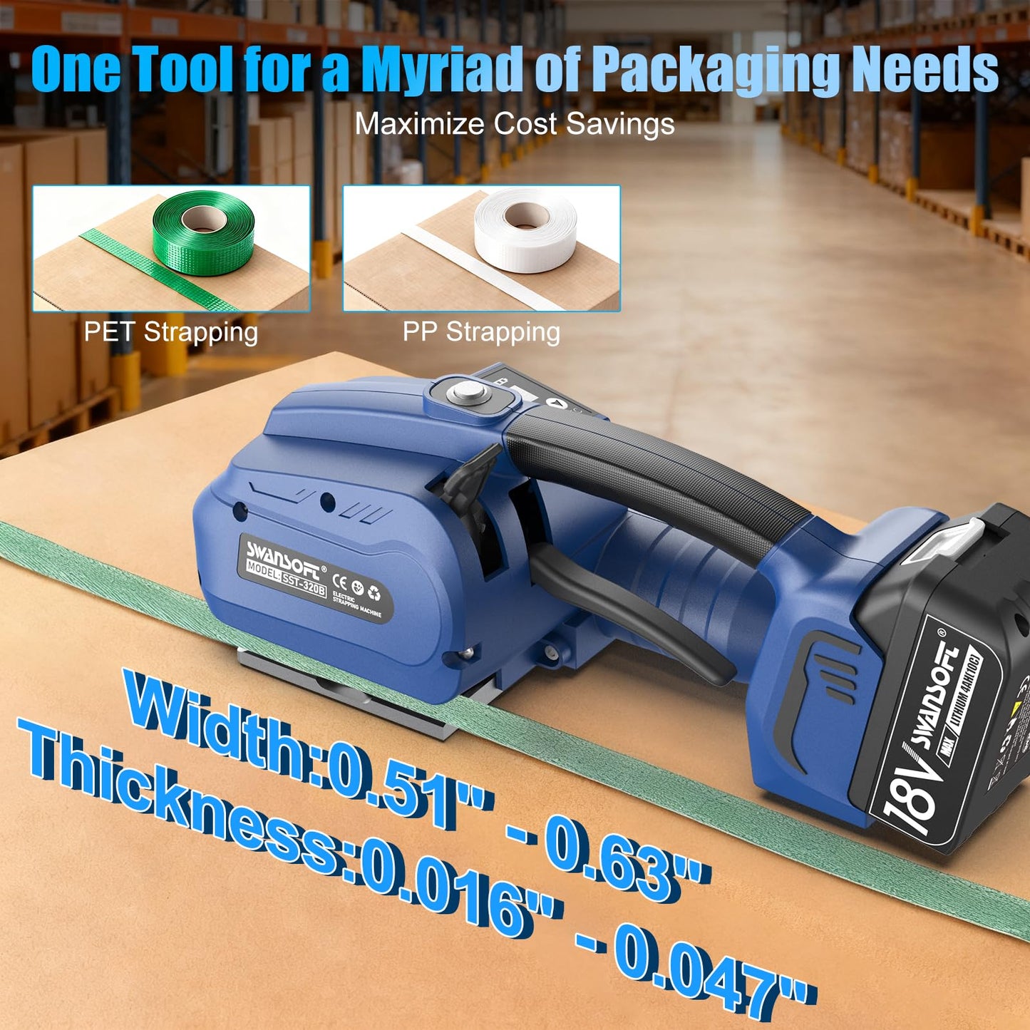 SWANSOFT Electric Strapping Tool, 3200N Adjustable Tension Electric Strapping Machine for 0.51" - 0.63" PP/PET Straps 18V 2x4Ah Battery Powered Automatic Banding Tool, with Plastic Case