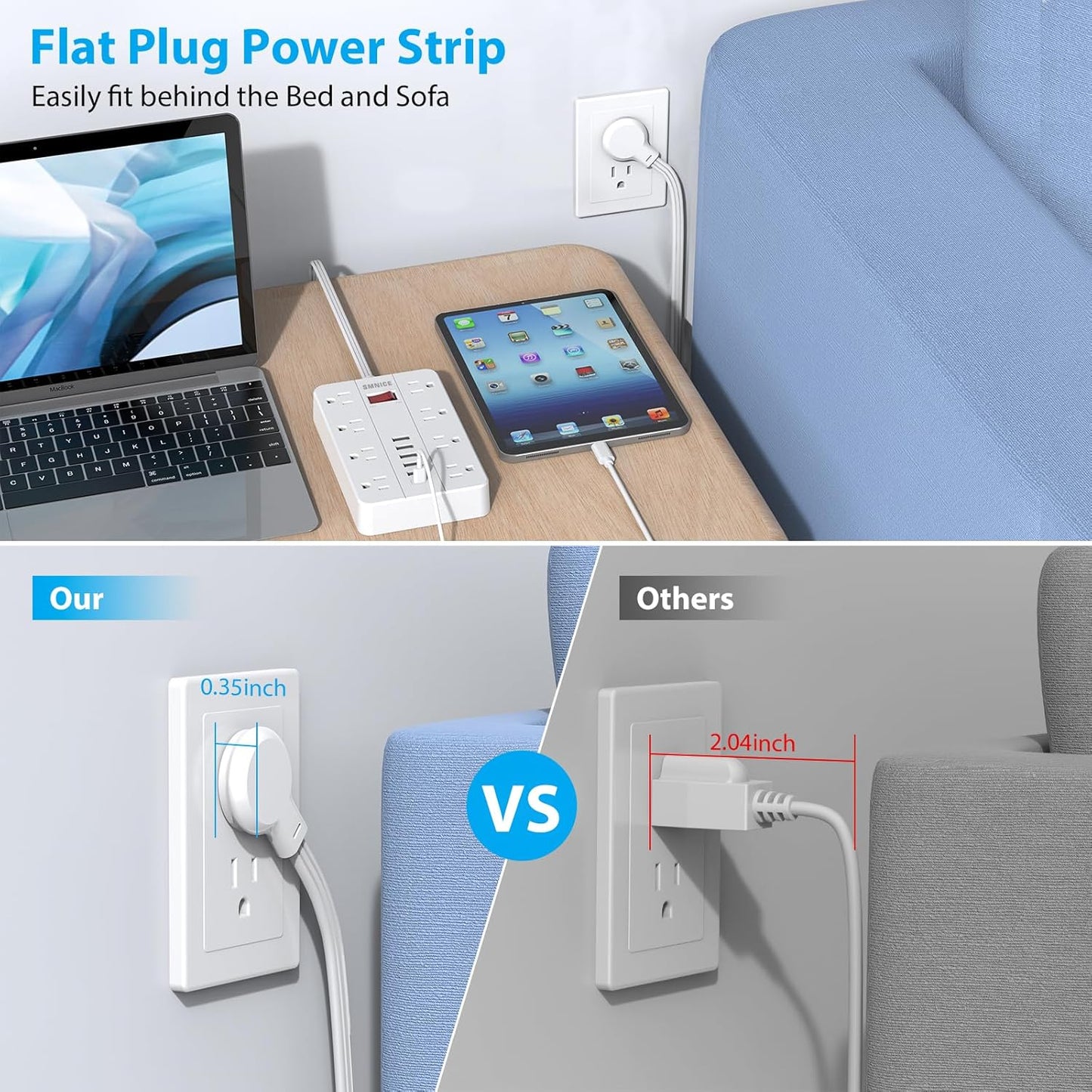 SMNICE 10 8 6USB(1 Power Strip Surge Protector, Flat Plug Long Extension Cord Ft with Widely Spaced Outlets USB C)