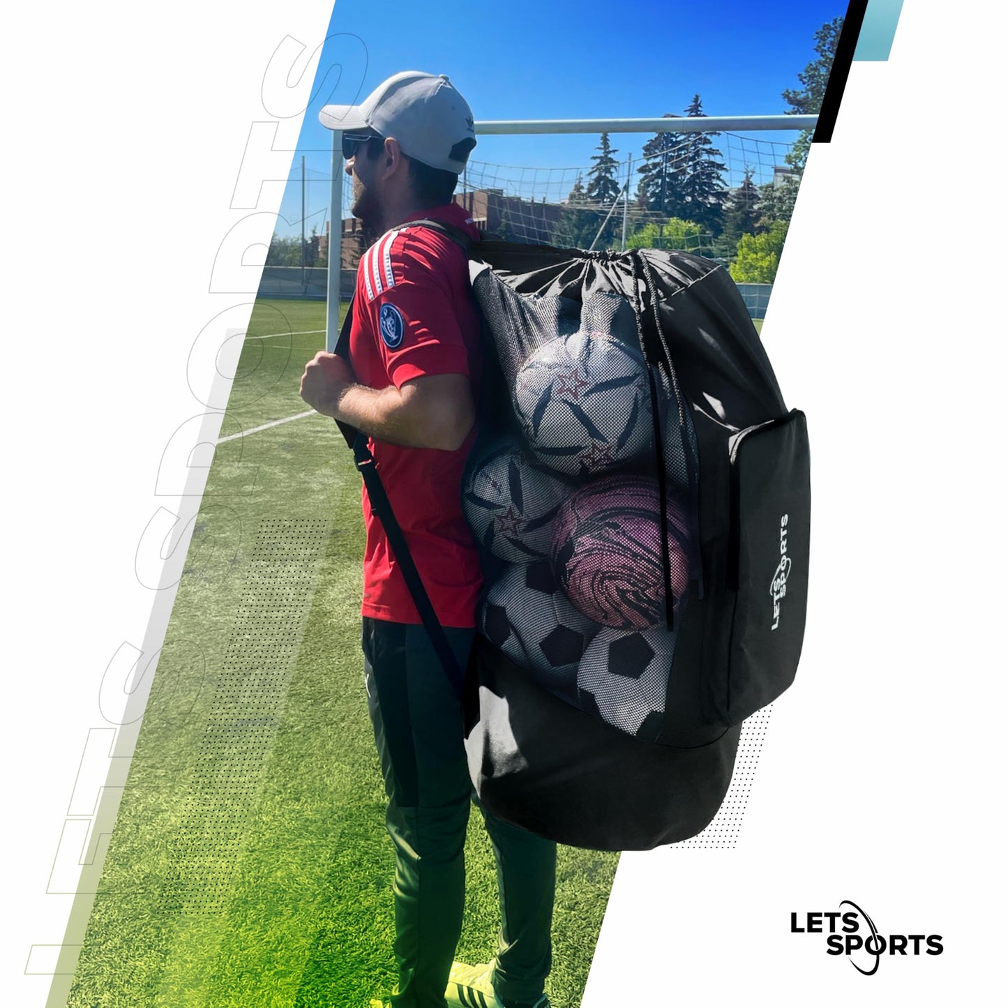 LETS Sports Soccer Ball Bag for Basketball, Volleyball & Football | Large Drawstring Ball Bags Mesh | Heavy-Duty Soccer Ball Bags for Coaches | Equipment Bag w/Shoulder Strap | 37" x 17" Black