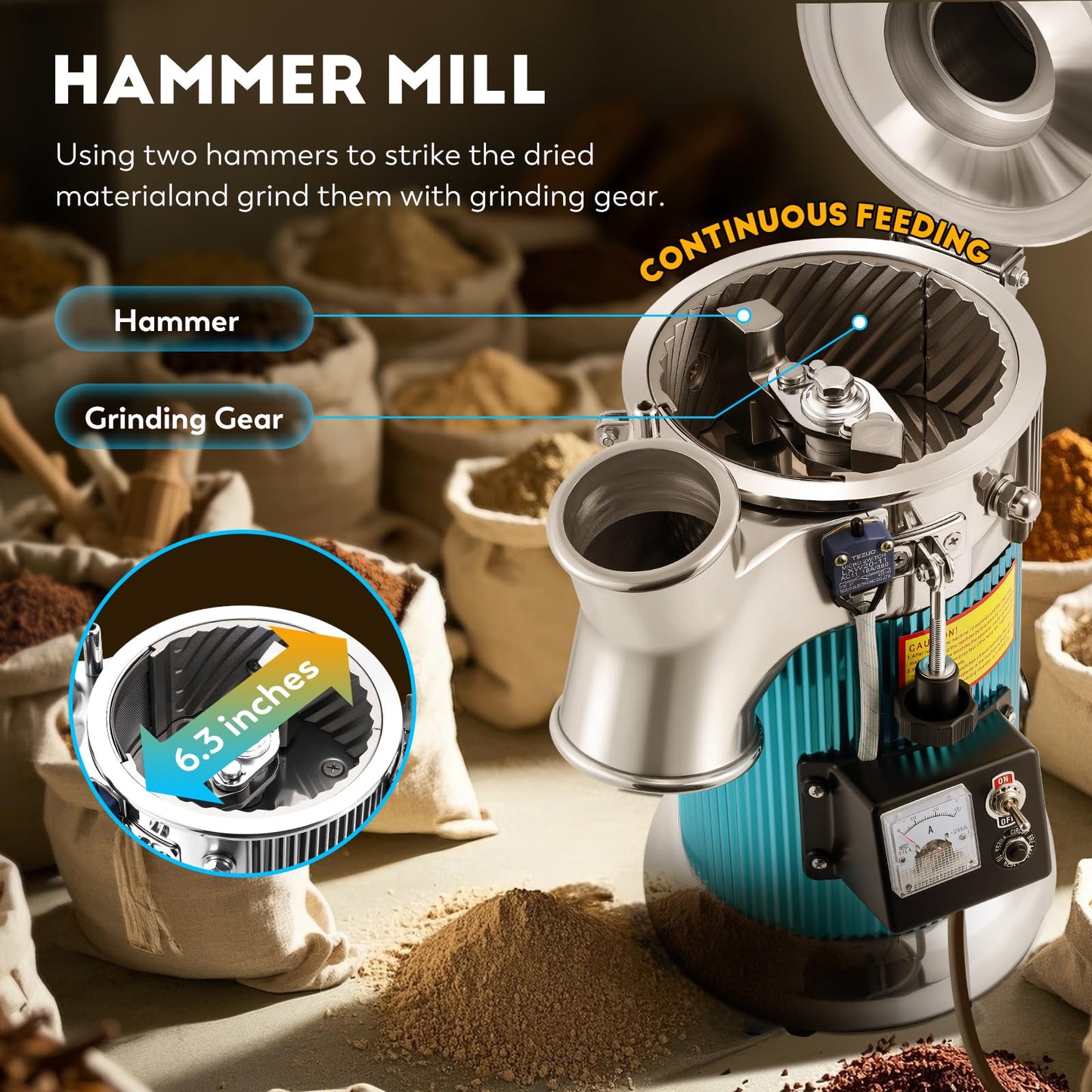 CGOLDENWALL Hammer Mill Grinder, 2000W Commercial Electric Herb Grinder, 44 Lbs/H, Continuous Feeding, with Funnel & 6 Sieve Meshes, Pulverizer for Dry Herb Grain Spice Nutmeg,110V