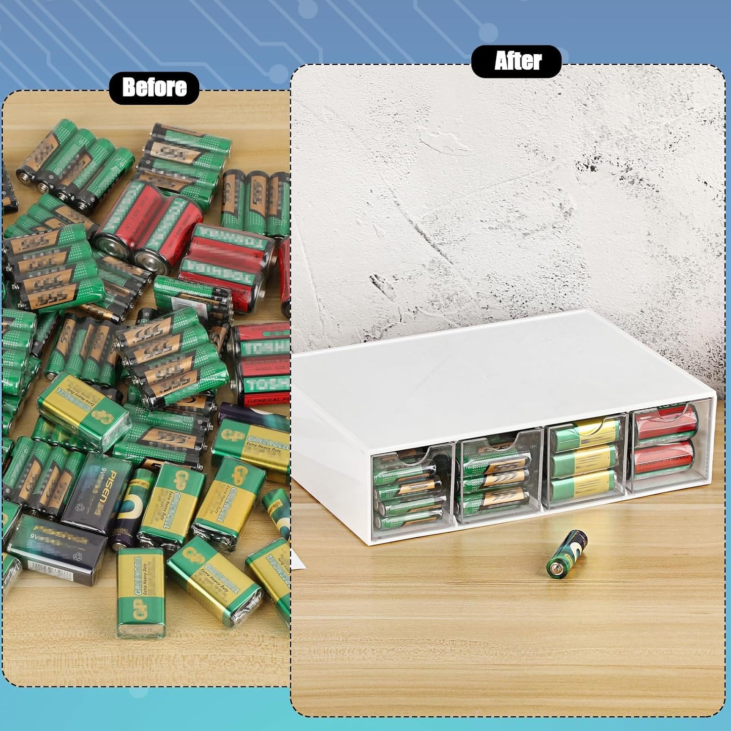 1 Pack 9V, 4-Drawer Common BTSKY White Acrylic Battery Storage Organizer for AA, AAA, C Batteries, Storage Box Battery