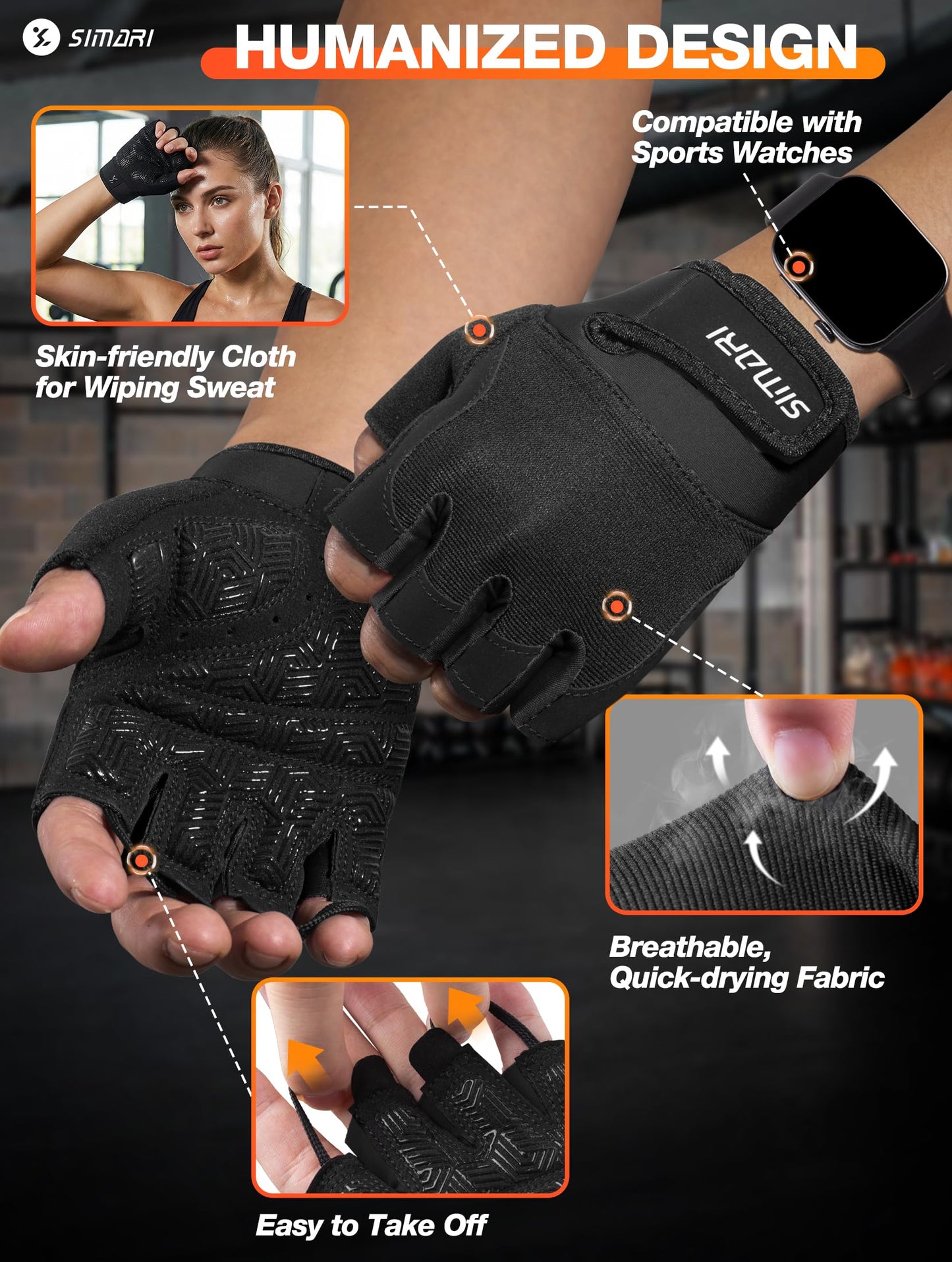 SIMARI Breathable Workout Gloves for Men & Women, Weight Lifting Gloves with Padded, Grip, Full Palm Protection, Gift for Gym Exercise, Cycling, Weightlifting Training, Fitness, Black, Size M