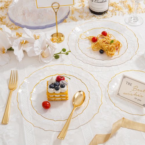 bUCLA 40PCS Clear and Gold Plastic Plates - Fancy Lace-Edge Clear Plates with Gold Trim Hammered Disposable - Include 20 Each(Dinner&Dessert) for Party & Wedding