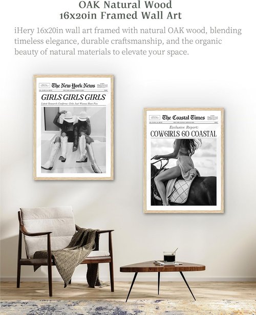 iHery Framed Cowgirl Wall Art - Trendy Black and White Canvas Decor | Large 16x20in Natural Oak for Bedroom & Living Room