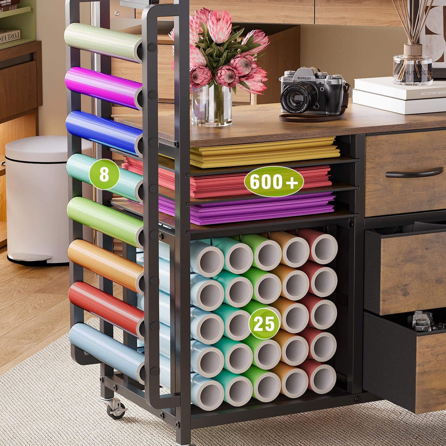 VENNQD Large Craft Organizer and Storage Rolling Cart Compatible with Cricut Machine with Fabric Drawers Vinyl Roll Holder Accessories for Home Craft Workstation Room (Rustic Brown)