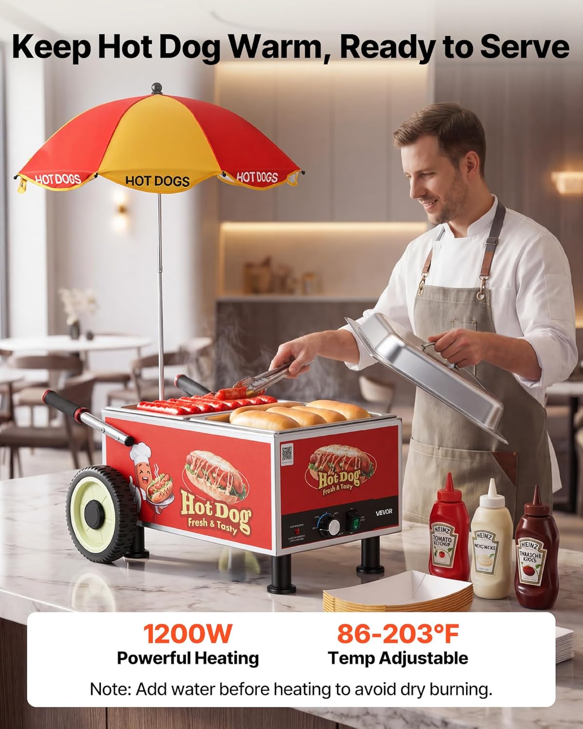 VEVOR Hot Dog Steamer Cart - 1200W Electric Stainless Steel Machine with Adjustable Temp & Umbrella