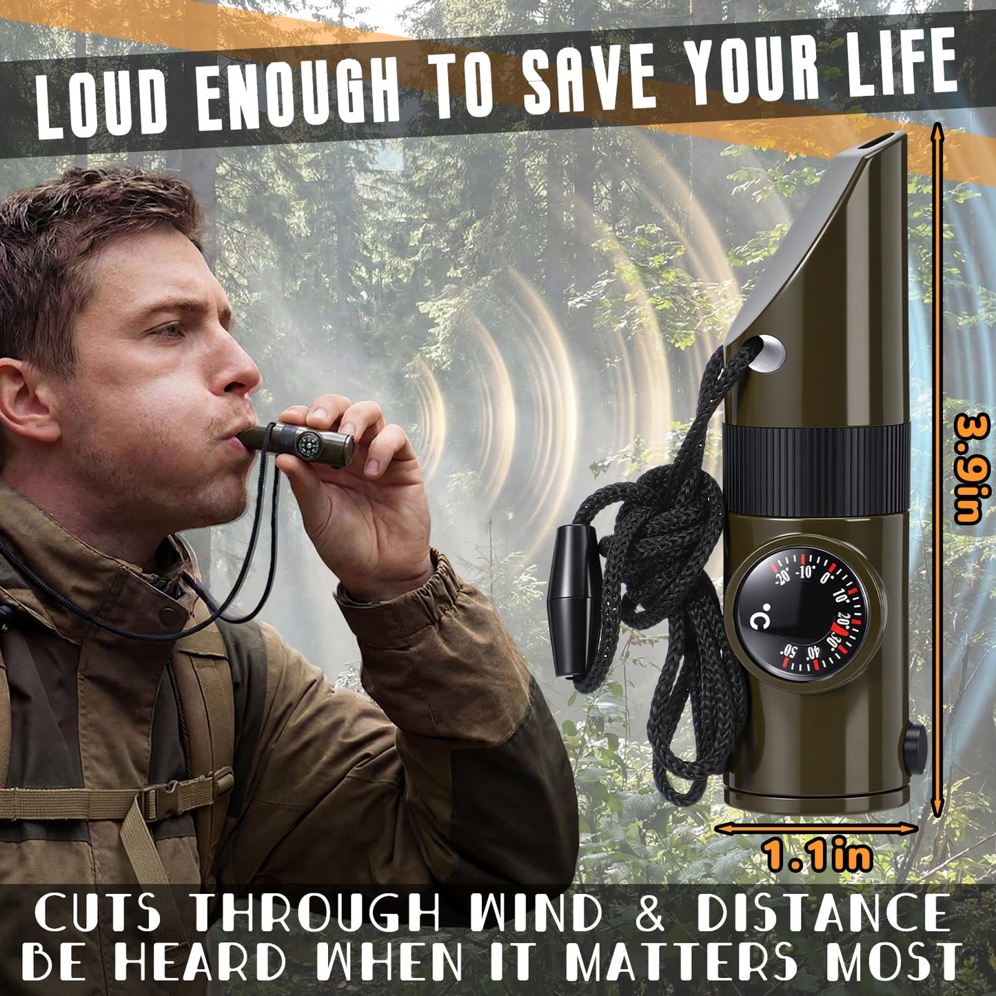Xuhal 4 Pack Emergency Survival Whistle Loud Safety Whistle 7-in-1 Multifunctional Outdoor Survival Tool with Compass Thermometer LED Light Magnifier for Hiking Camping Boating Kayaking and Rescue