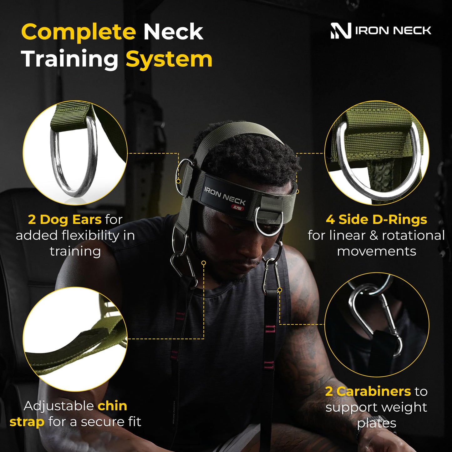 Iron Neck Neck Trainer, Exerciser, & Strengthener with Adjustable Head and Chin Strap - Portable Head Harness for Weight Lifting, Home, & Gym Use - Exercise & Workout Equipment (Alpha, Green)