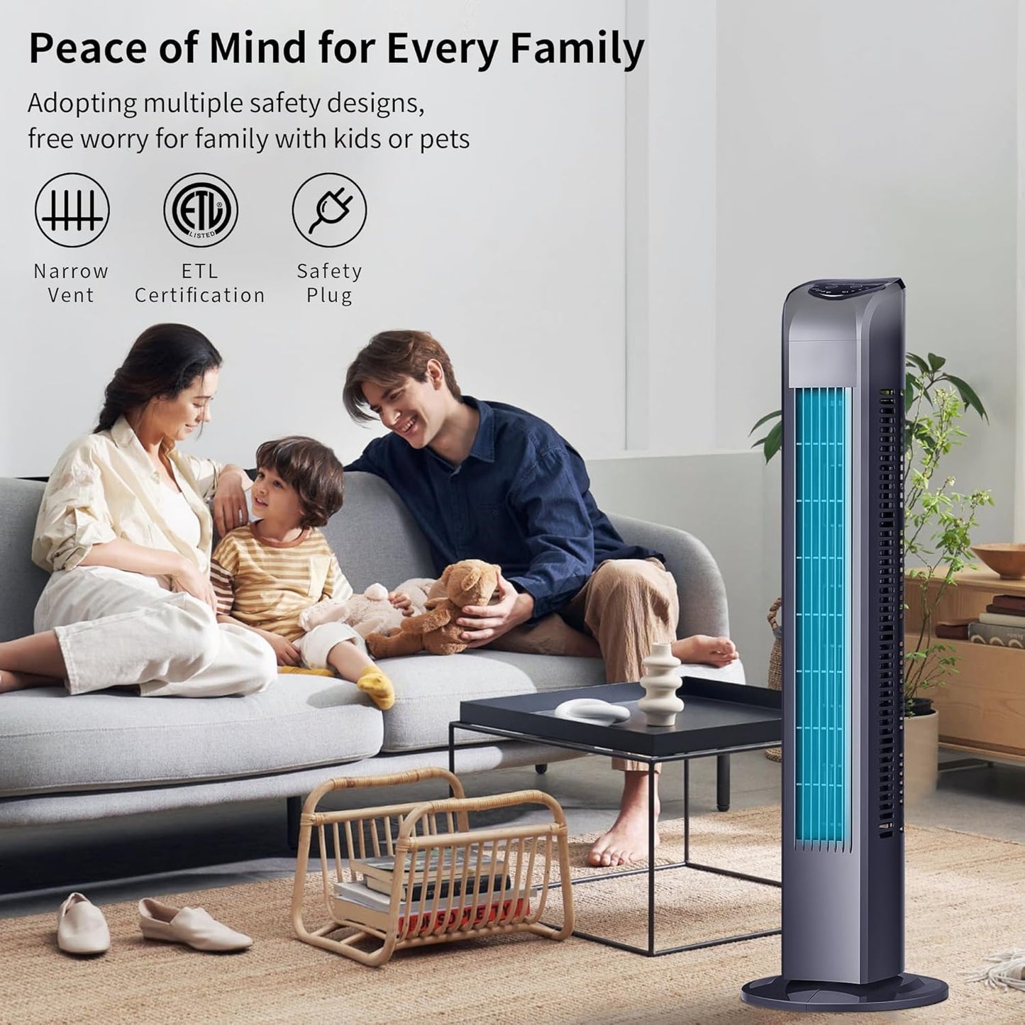 Uthfy Bladeless Tower Fan - 120° Oscillating, Remote Control, 3 Modes, 30 Inch, Black