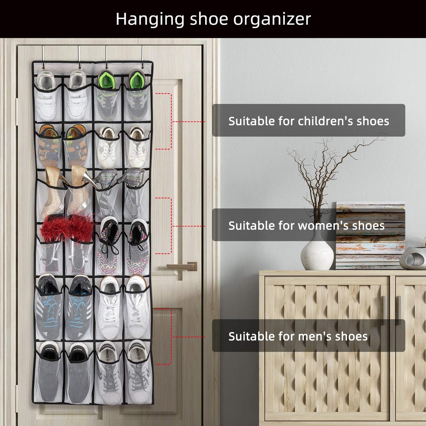 SAVERHO Over The Door Shoe Organizer - 24 Mesh Pockets for Efficient Storage | White Hanging Shoe Rack