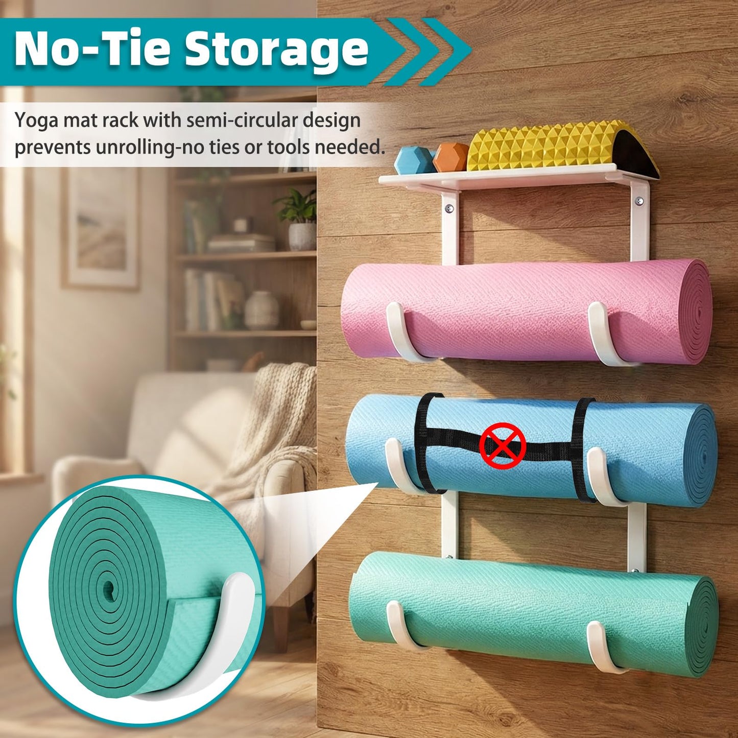 KOMOHOM Yoga Mat Holder Wall Mount, No-Tie Pilates Mat Storage Rack with Top Floating Shelf, 4-Tiers Holding Yoga Blocks/Rollers and Exercise Mat, Workout Mat, Home Gym Equipment Accessories