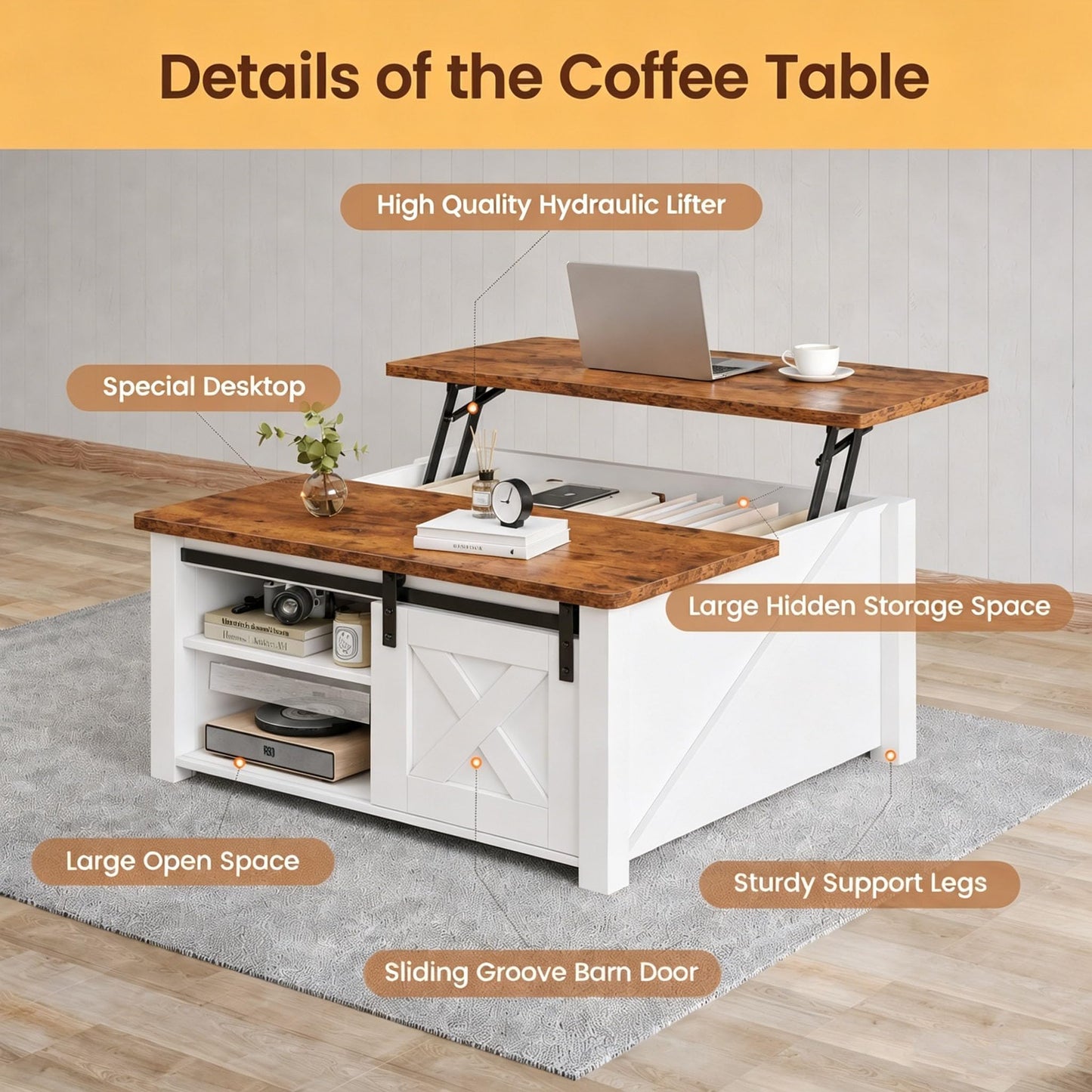 Simple Deluxe Lift Top Coffee Table with Storage, Farmhouse Coffee Table for Living Room, Coffee Tables with Hidden Storage, Coffee Tables with Lifting Top Center Table for Living Room(White)