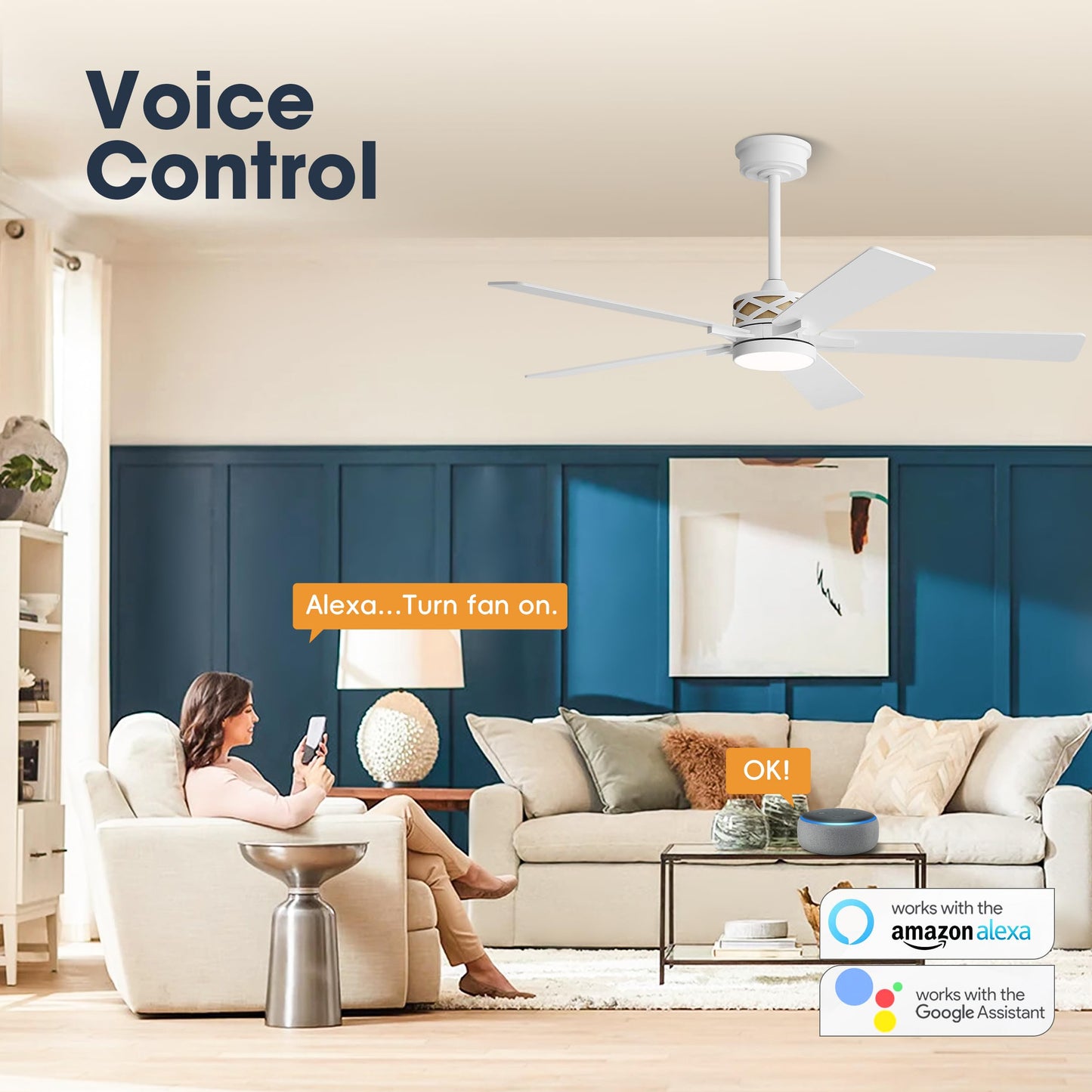 WINGBO 52" Smart Ceiling Fan with Lights, White/Oak Blades, 6 Speeds Reversible DC Motor, Works with Alexa and Google Assistant, 3CCT Dimmable LED Ceiling Fan for Bedroom Living Room, White Finish