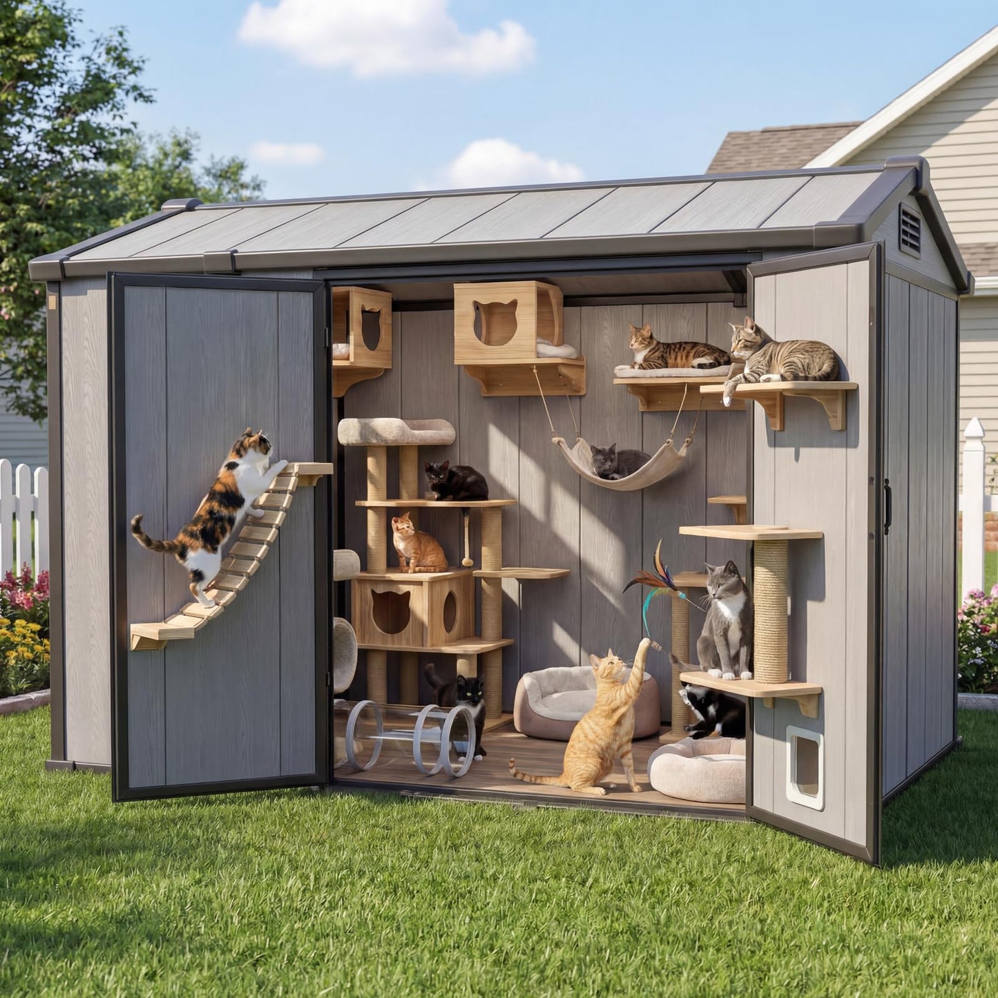 Outdoor Storage Shed, 6x8 FT, Tool Storage Shed with Floor for Patio, Backyard, Garden Tools and Bike, Light Gray