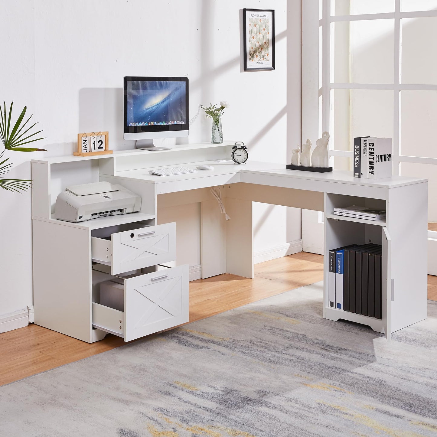 boknight 60" L Shaped Executive Desk with Printer Space,Corner Computer Desk with Power Outlets,Lockable Drawers & Adjustable File Cabnet,L Shaped Office Desk with Monitor Stand (White)
