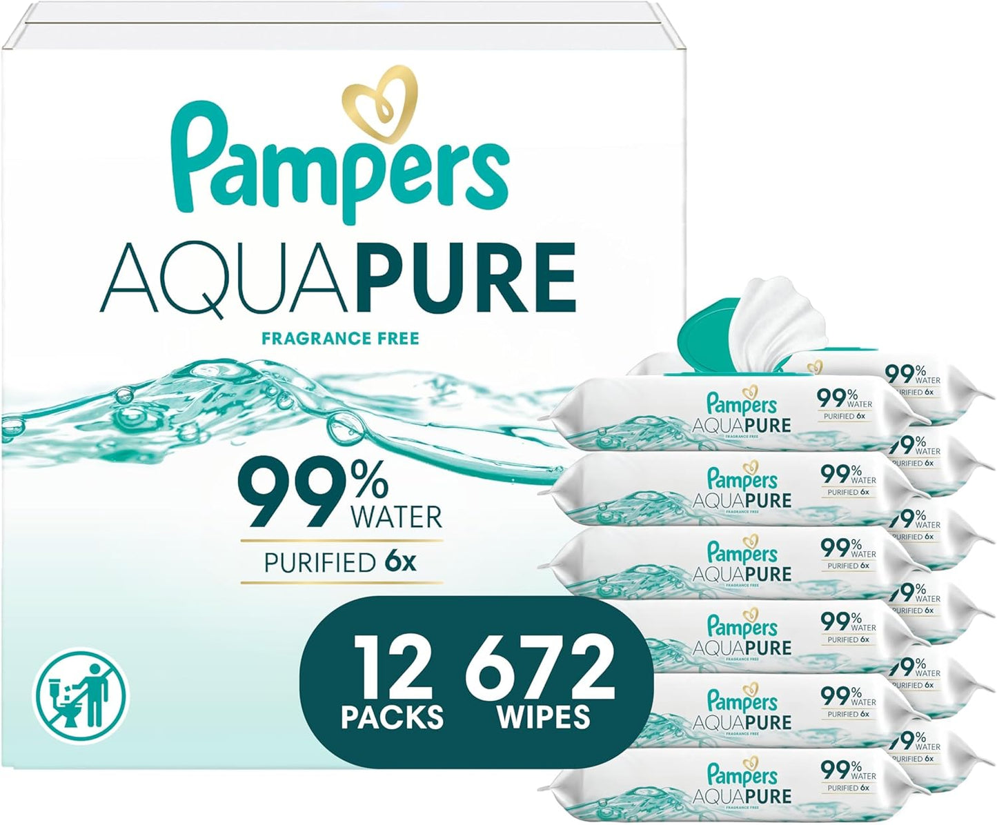 Pampers Aqua Pure Baby Wipes - 99% Water, Fragrance-Free, 672 Total Wipes in 12 Flip-Top Packs